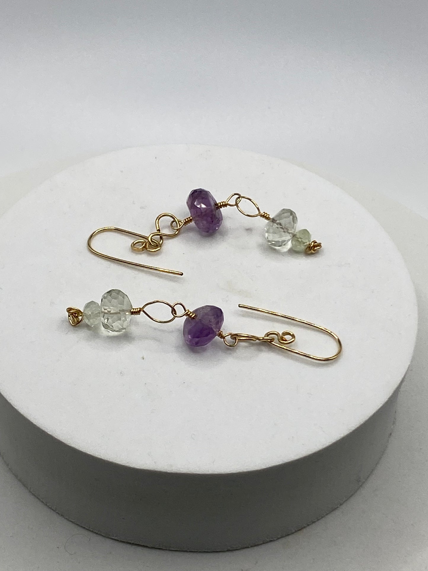 Green & Purple Amethyst Long Dangle Earrings by Hip Chick Glass, Handmade Gold Fill Earrings, Handmade Gemstone Jewelry, February Birthstone Gift