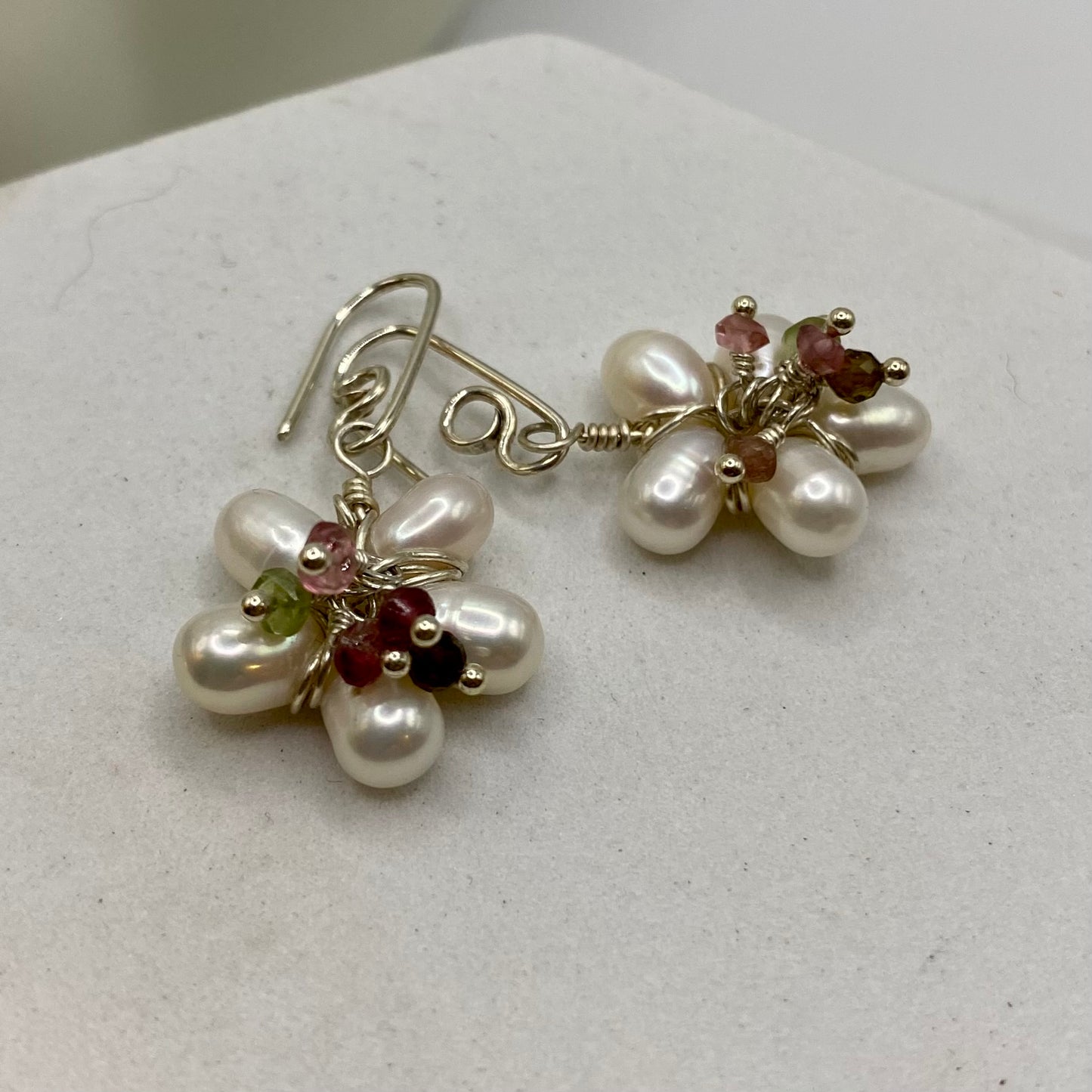 Pearl & Watermelon Tourmaline Flower Earrings by Hip Chick Glass, Sterling Silver Wire Wrap Earrings, Handmade Gemstone Jewelry, June Birthstone