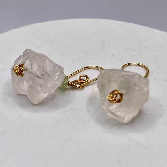 Prehnite & Raw Quartz Crystal Earrings by Hip Chick Glass, 14 Karat Gold Fill Earrings, Handmade Gemstone Jewelry, Birthstone Gift
