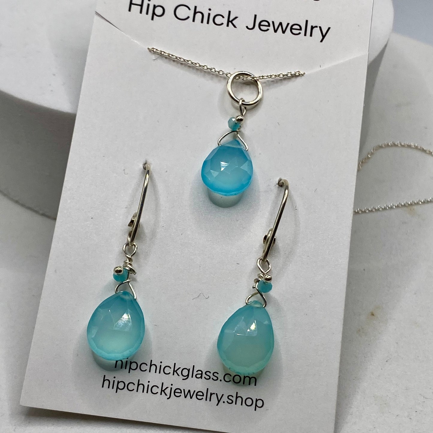 Blue Chalcedony Necklace & Earring Set by Hip Chick Glass, Handmade Sterling Silver Jewelry, Handmade Gemstone Jewelry Set, Dainty Necklace Earrings Set, Minimalist Jewelry