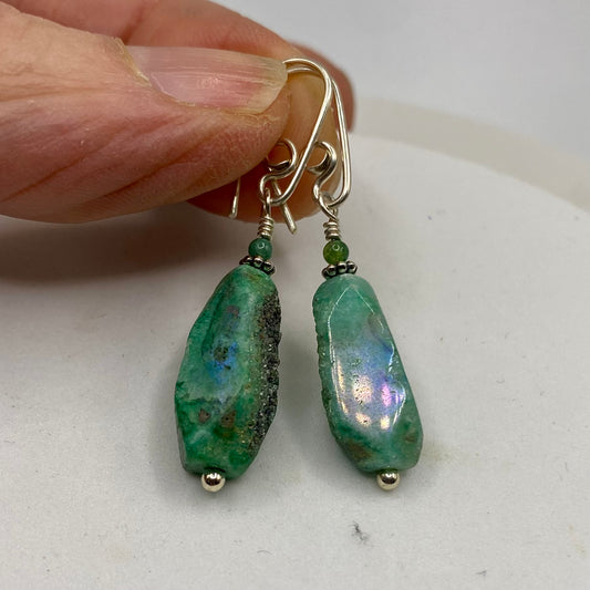 Green Druzy Agate Dangle Earrings by Hip Chick Glass, Sterling Silver Earrings, Handmade Gemstone Jewelry, Gemstone Jewelry Gift