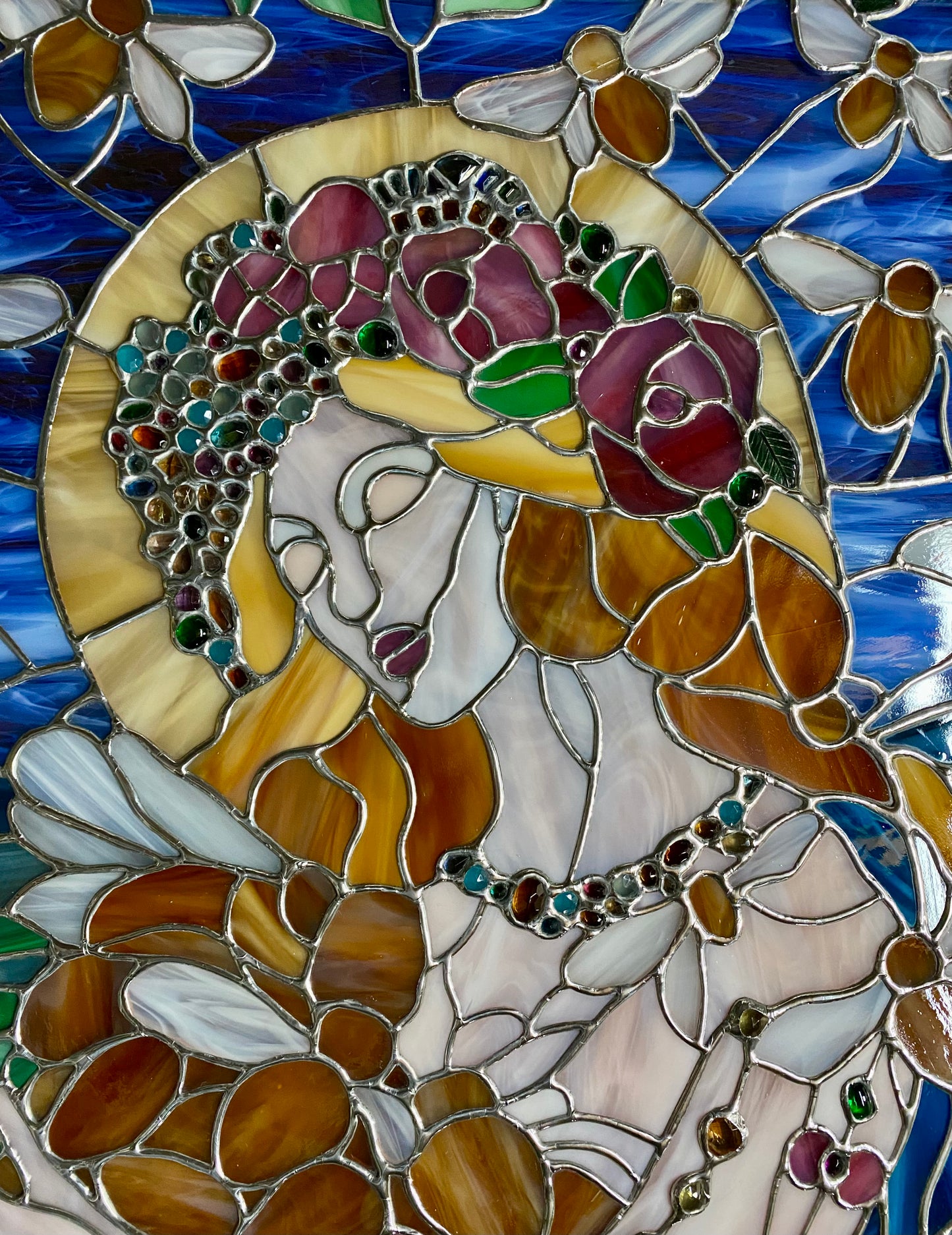 Our Lady of the Bees | Stained Glass Window Panel by Hip Chick Glass, Original Design Handmade Glass Art