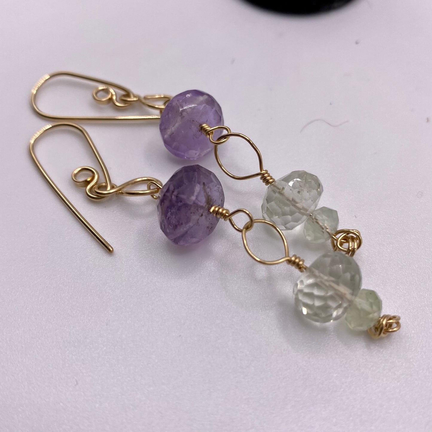 Green & Purple Amethyst Dangle Earrings by Hip Chick Glass, 14 Karat Gold Fill Earrings, Handmade Gemstone Jewelry, February Birthstone Gift