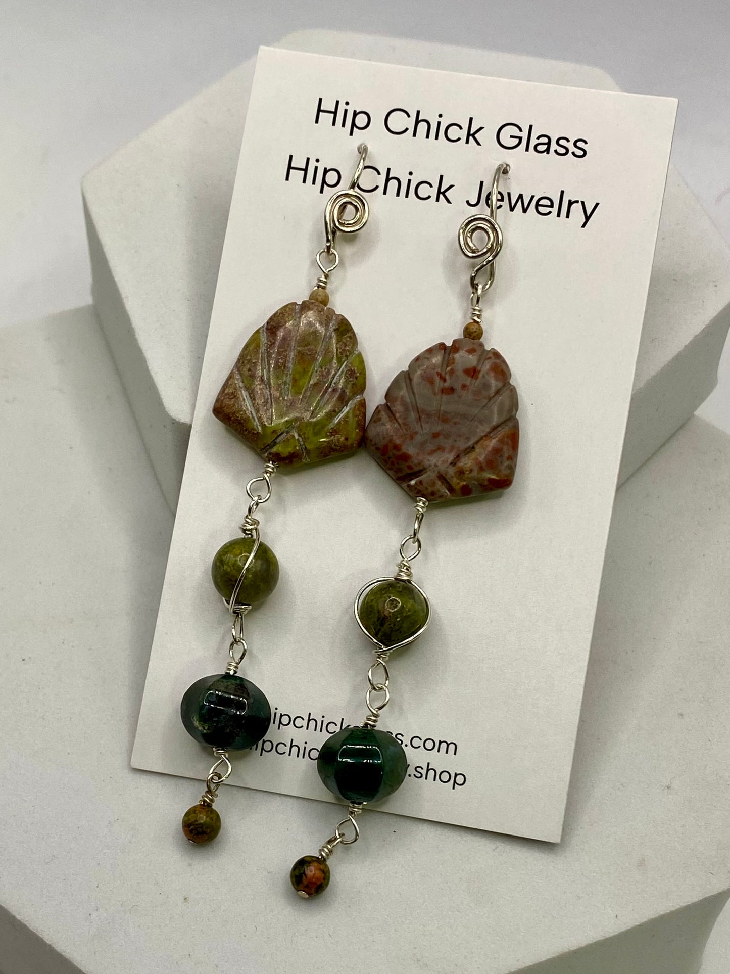 Long Gemstone Earrings with  Unakite, Jasper, Agate by Hip Chick Glass, Sterling Silver Earrings, Handmade Gemstone Jewelry, Birthstone Gift
