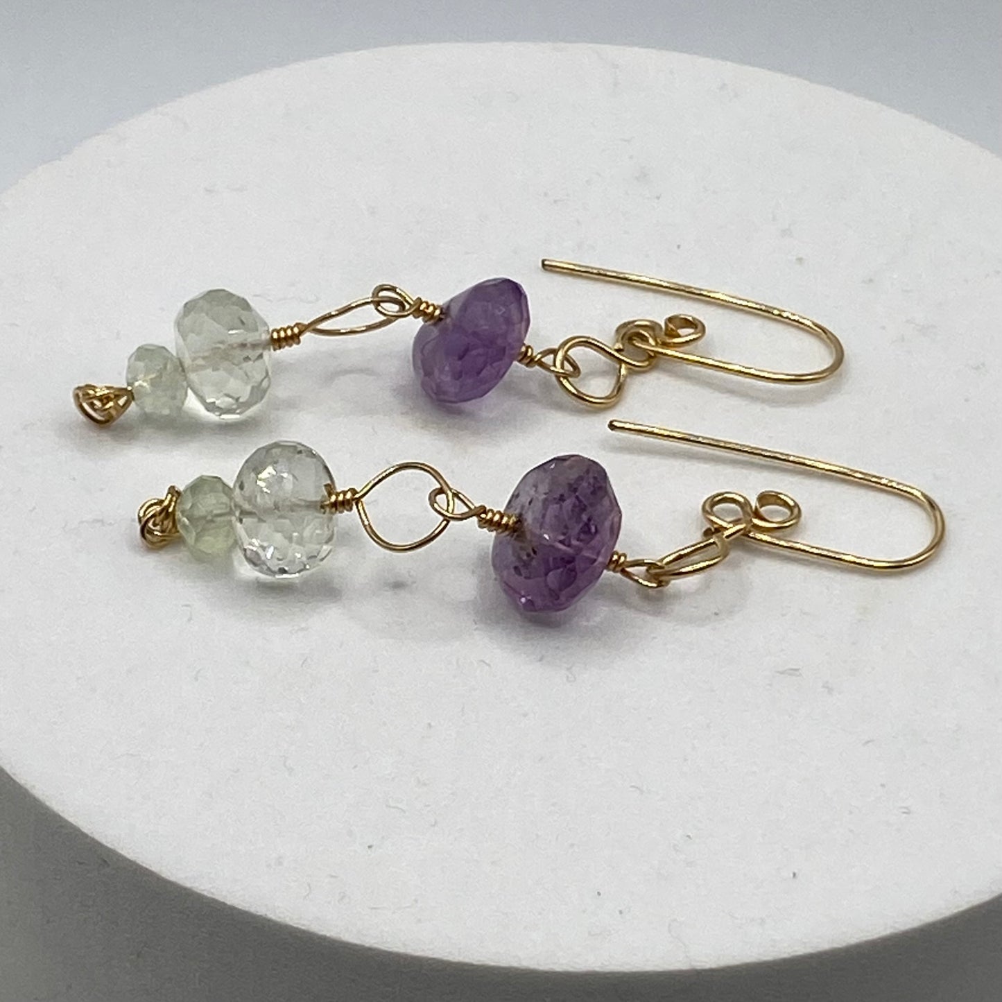 Green & Purple Amethyst Long Dangle Earrings by Hip Chick Glass, Handmade Gold Fill Earrings, Handmade Gemstone Jewelry, February Birthstone Gift