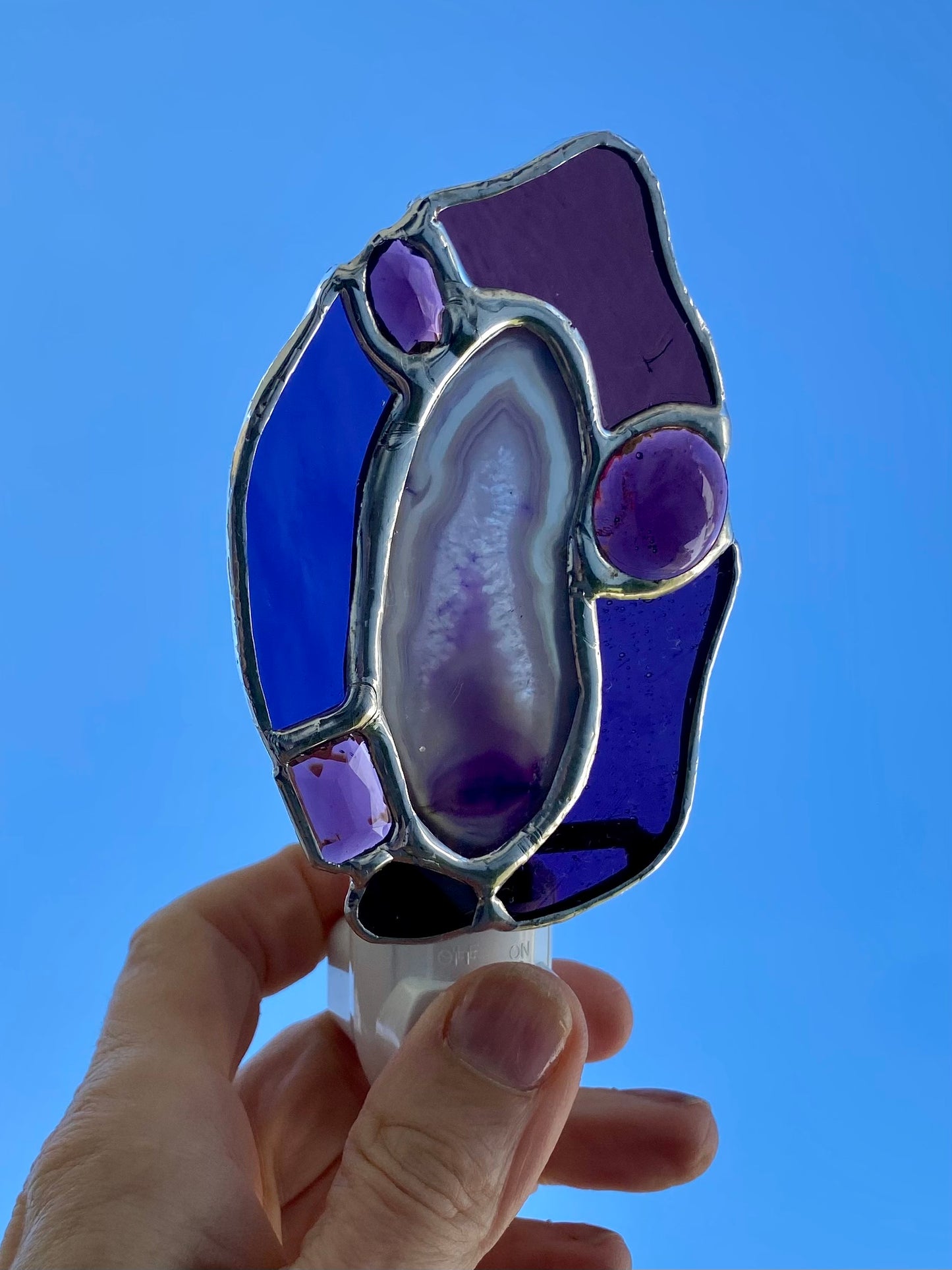 RESERVED for Steve  AGATE SLICE NIGHTLIGHT in Purple with Smoky Quartz and Jewels | Gretchen Shutt | Hip Chick Glass, LLC