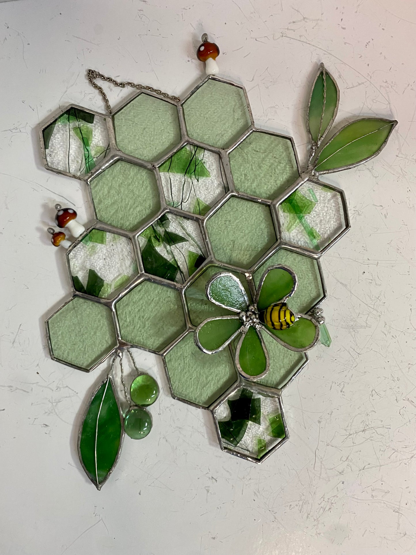 Green Honeycomb with Flower & Bee | Stained Glass Window Panel by Hip Chick Glass, Original Design Handmade Glass Art, Suncatcher