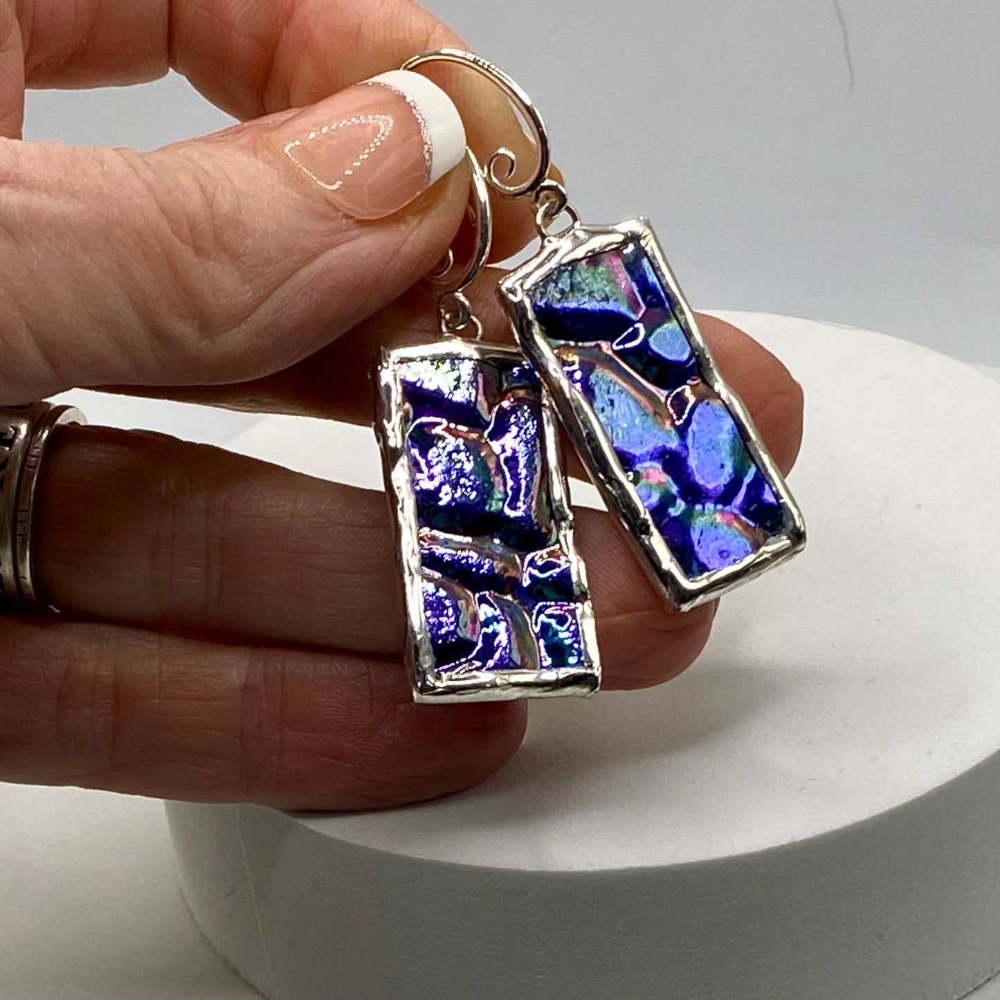 Blue Cobblestone Earrings | Dichroic Glass Earrings by Hip Chick Glass, Handmade Dangle & Drop Earrings, Iridescent Glass Earrings, Handmade Jewelry