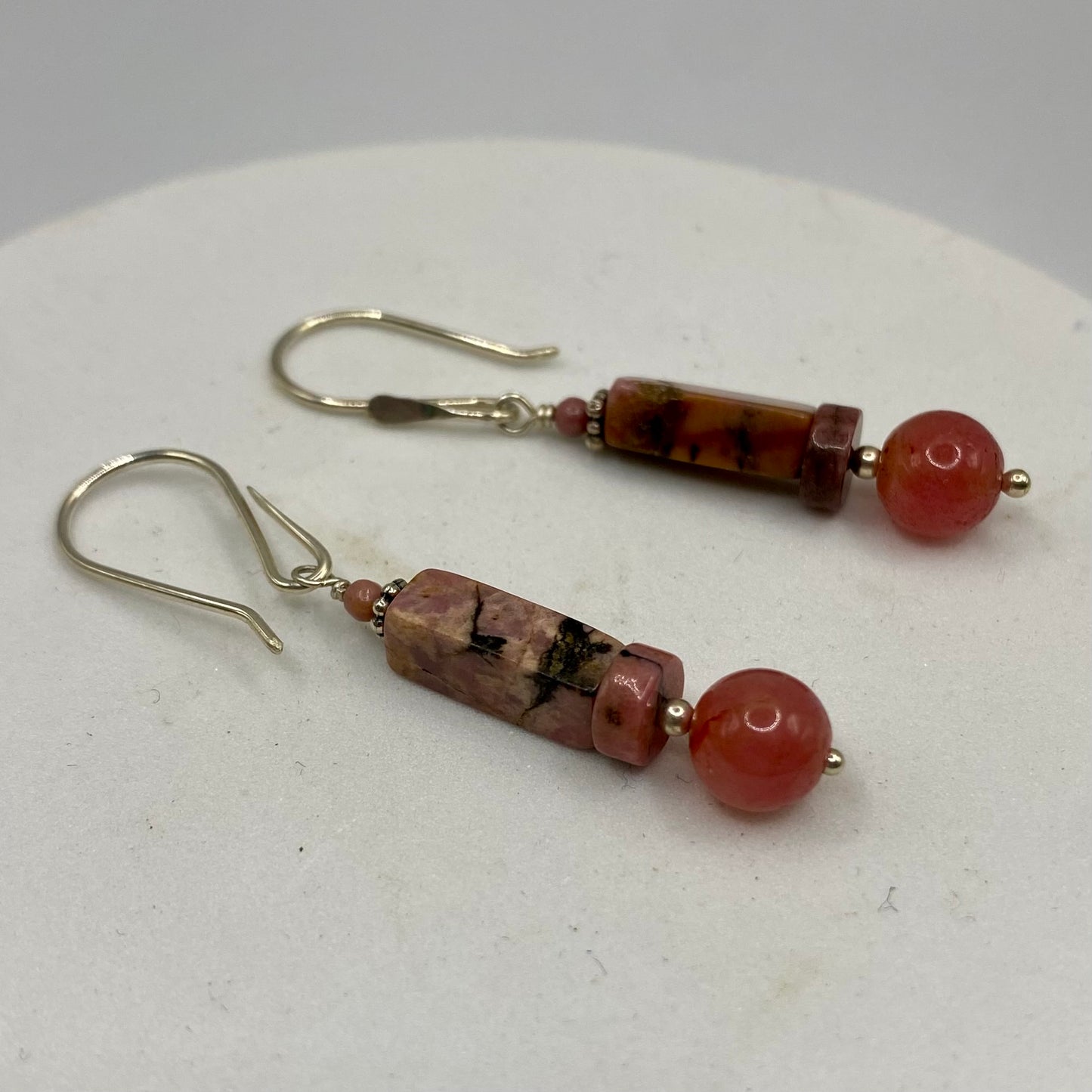Rhodonite & Ruby Silver Earrings by Hip Chick Glass, Sterling Silver Earrings, Handmade Gemstone Jewelry, Birthstone Gift