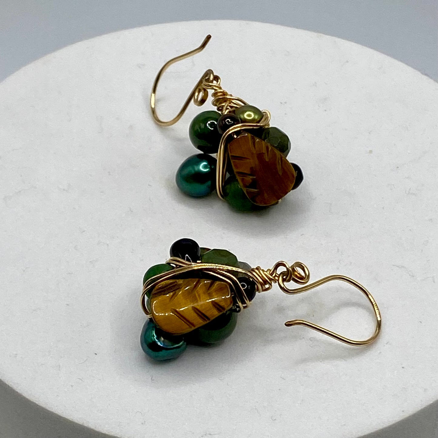 OOAK Green Wire Wrap Cluster Earrings by Hip Chick Glass, 14 Karat Gold Fill Earrings, Handmade Gemstone Jewelry, Birthstone Gift