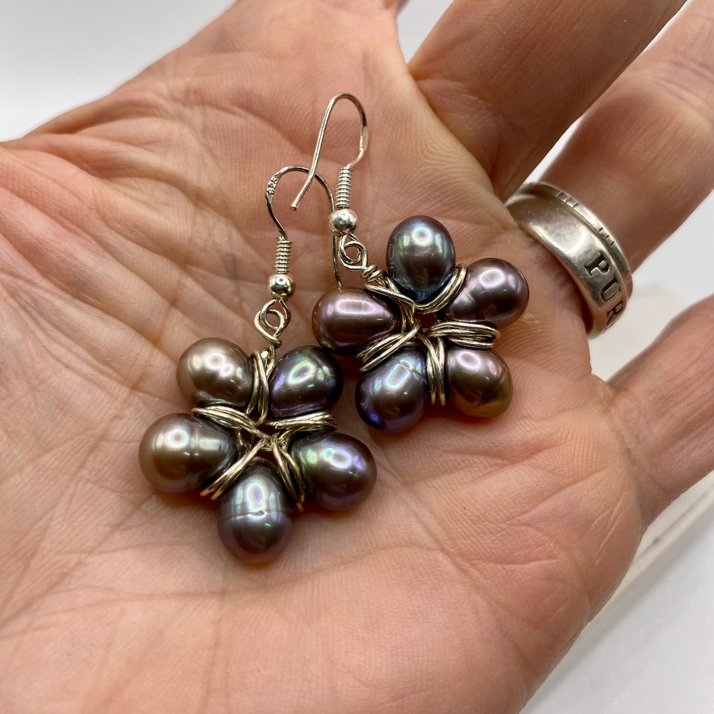 Black Pearl Flower Earrings by Hip Chick Glass, Sterling Silver Wire Wrap Earrings, Handmade Gemstone Jewelry, June Birthstone Gift