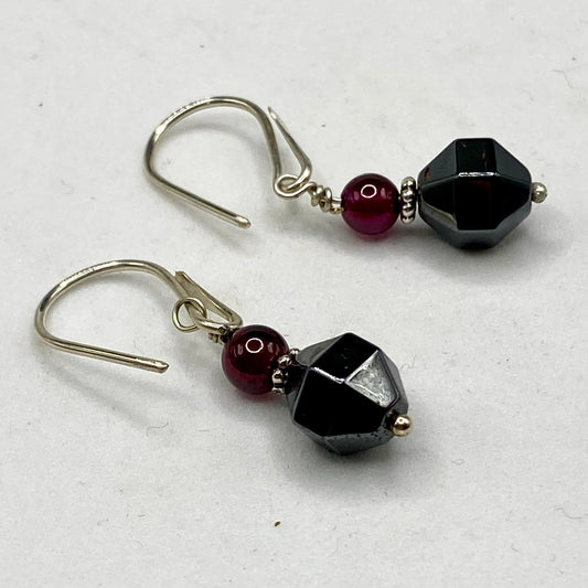 Garnet & Hematite Earrings by Hip Chick Glass, Sterling Silver Earrings, Handmade Garnet Earrings, Handmade Hematite Earrings, January Birthstone Gift
