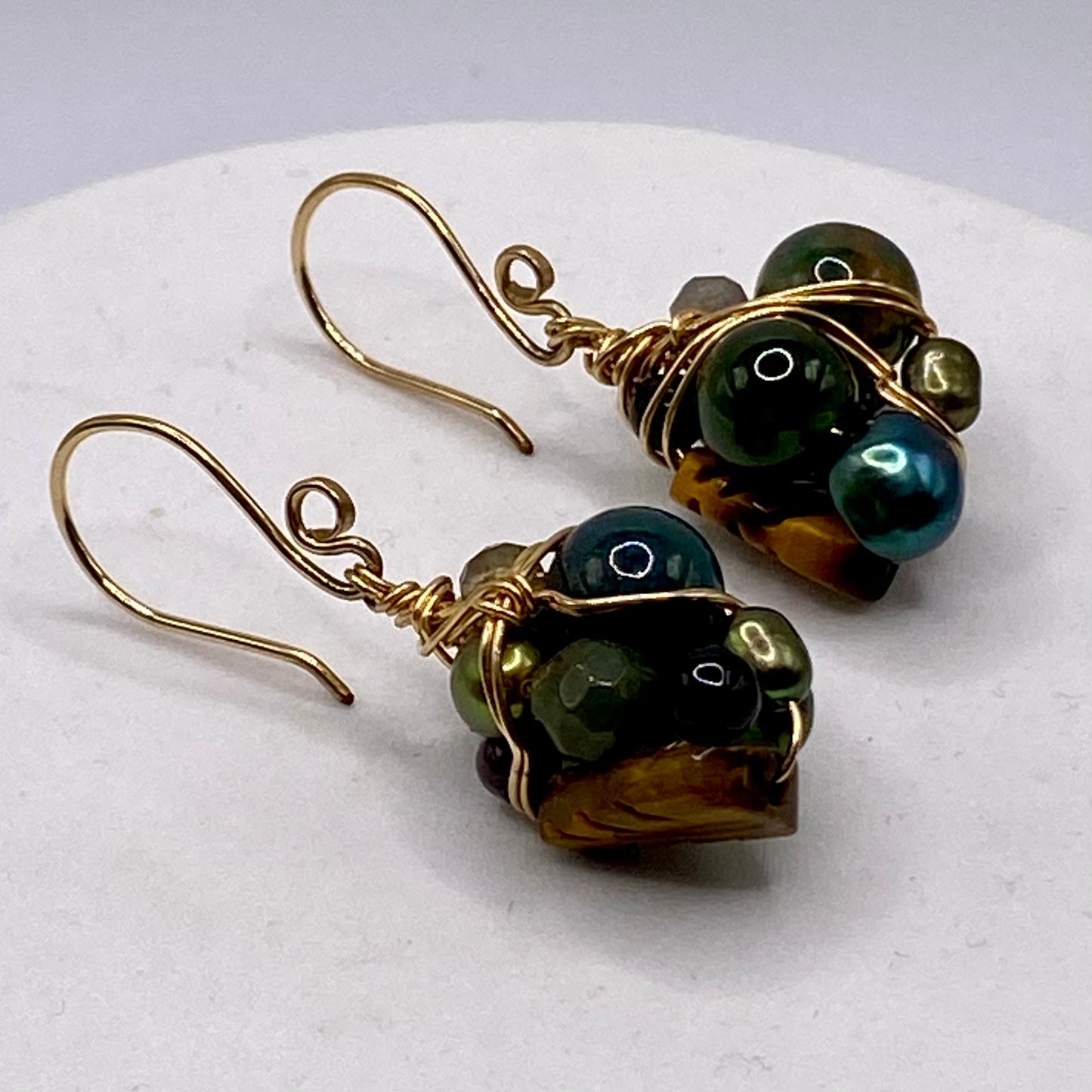 OOAK Green Wire Wrap Cluster Earrings by Hip Chick Glass, 14 Karat Gold Fill Earrings, Handmade Gemstone Jewelry, Birthstone Gift