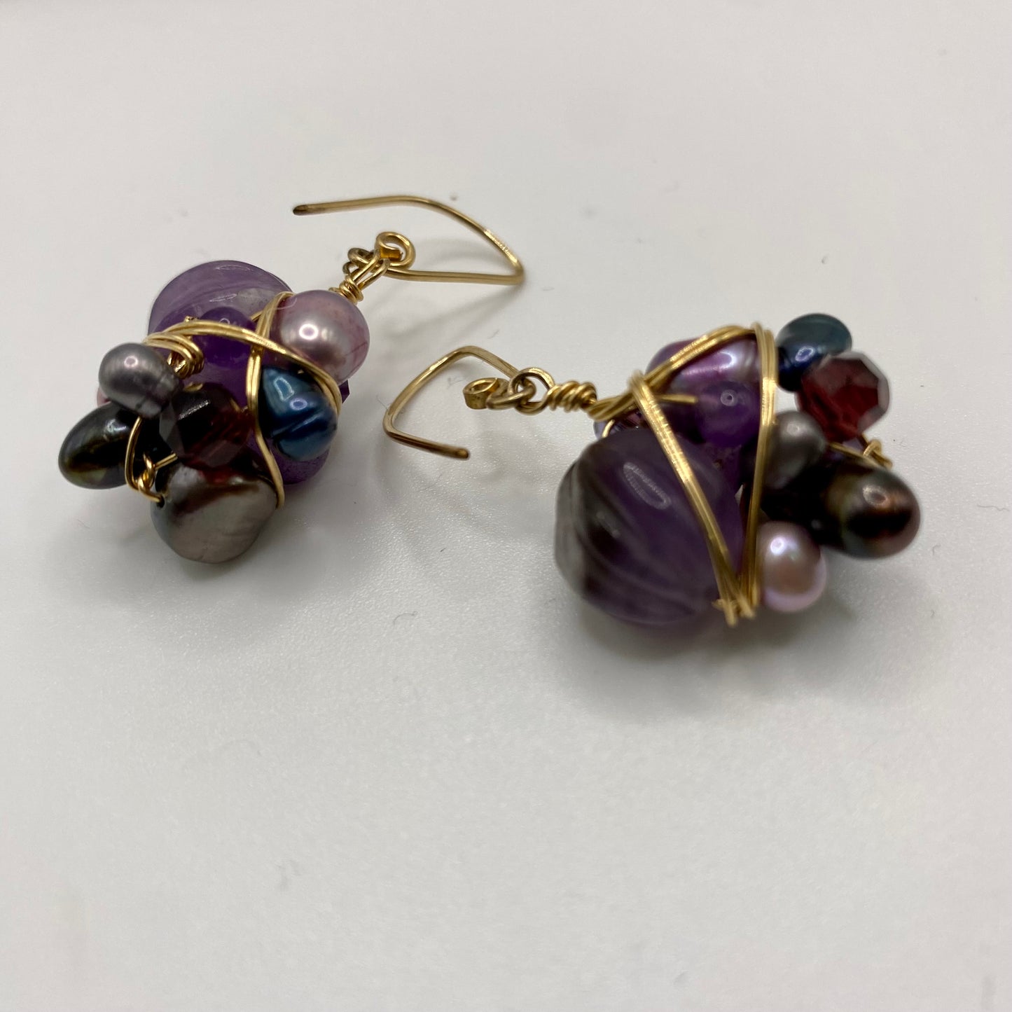 Purple Gemstone Bead Wire Wrap Earrings by Hip Chick Glass, 14 Karat Gold Fill Earrings, Handmade Gemstone Jewelry, OOAK February Birthstone Gift