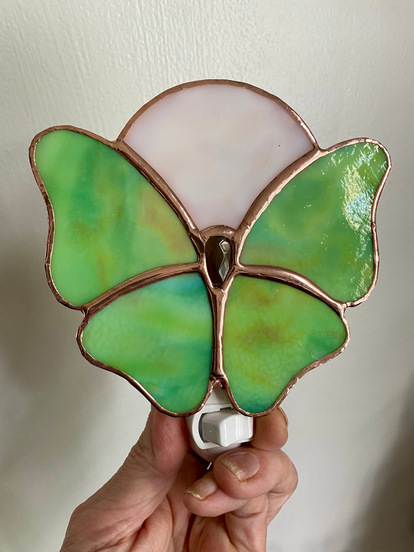 Green Butterfly Nightlightwith Smoky Quartz under a white moon | Gretchen Shutt | Hip Chick Glass, LLC