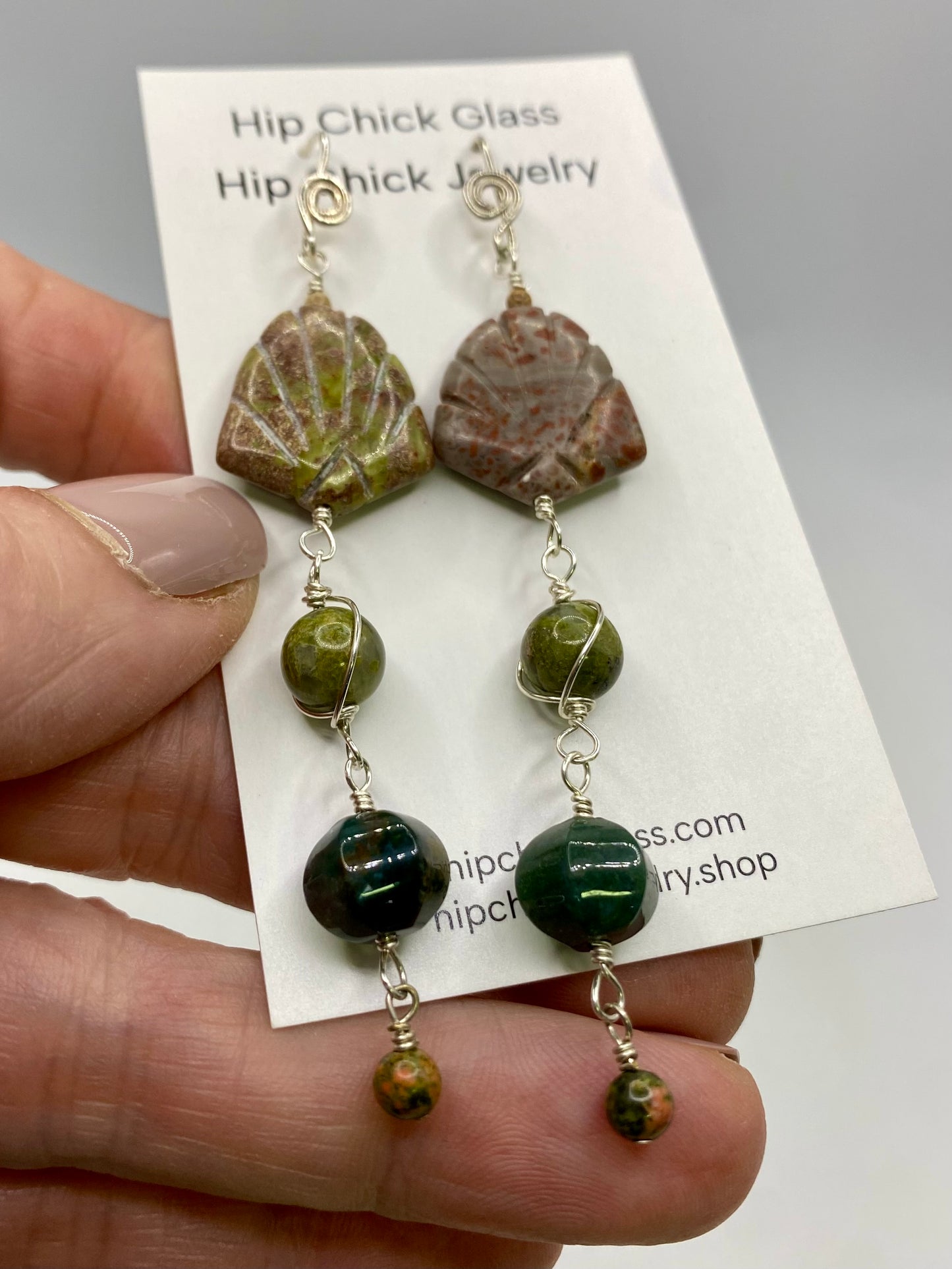 Long Gemstone Earrings with  Unakite, Jasper, Agate by Hip Chick Glass, Sterling Silver Earrings, Handmade Gemstone Jewelry, Birthstone Gift