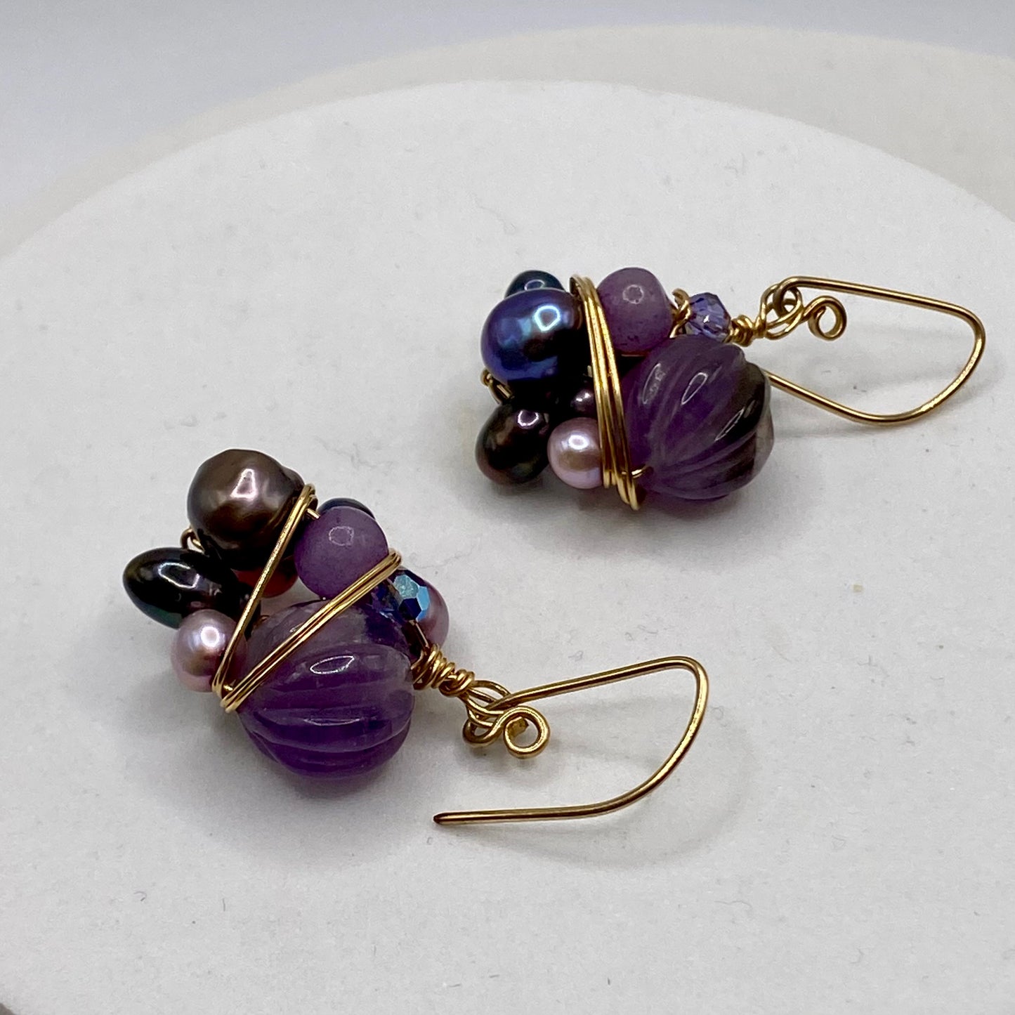 OOAK Gold Wire Wrap Cluster Earrings by Hip Chick Glass, Handmade Amethyst Earrings, Pearl Earrings, Handmade Gemstone Earrings, February Birthstone, June Birthstone, Boho Luxe Earrings