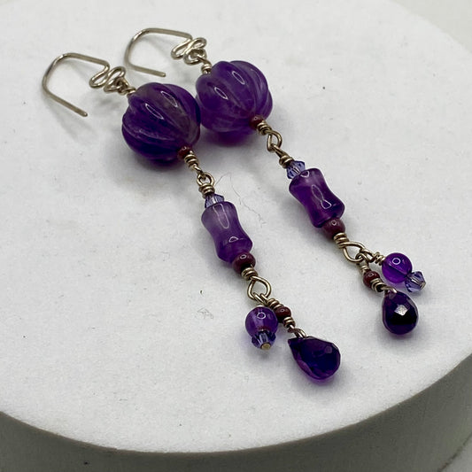 Long Amethyst Earrings by Hip Chick Glass, Sterling Silver Amethyst Earrings, Handmade Boho Luxe Amethyst Jewelry, February Birthstone Earrings