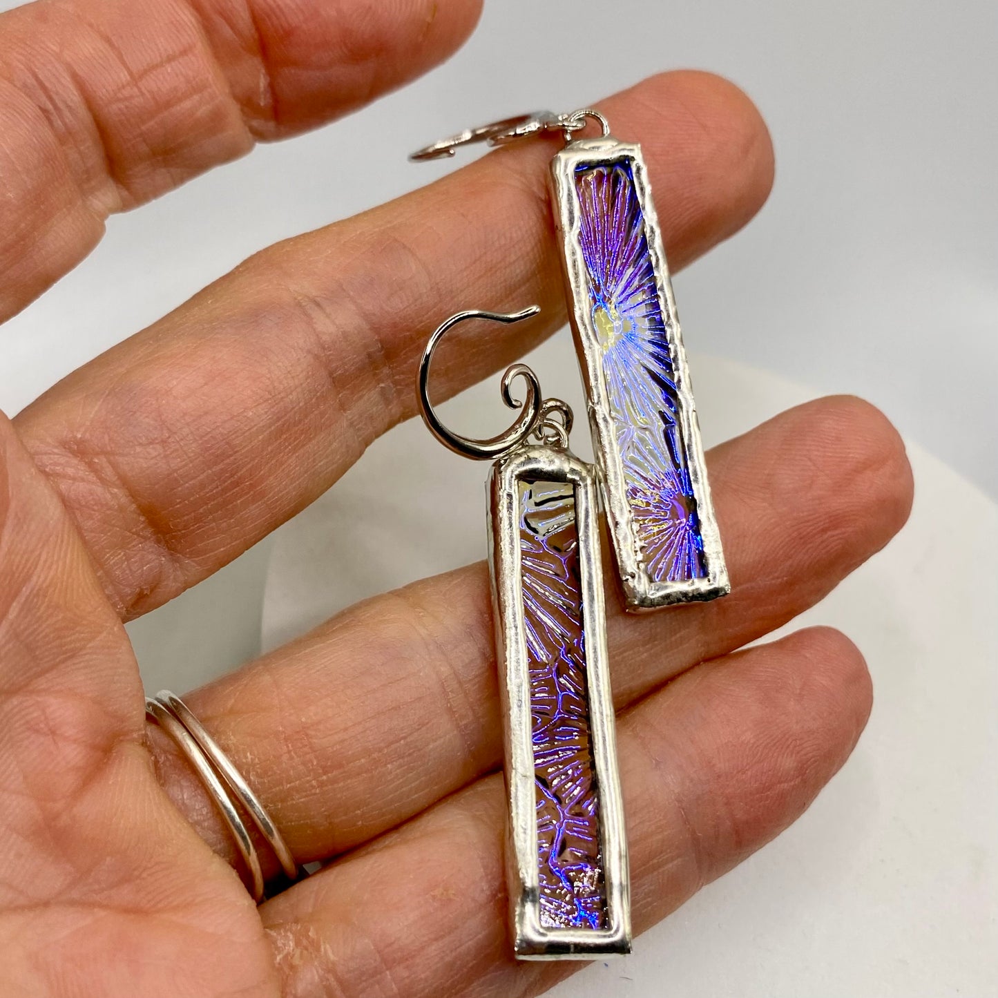 Snowflake Stick Earrings | Stained Glass Earrings by Hip Chick Glass, Stained Glass Dangle Drop Earrings, Stained Glass Earrings