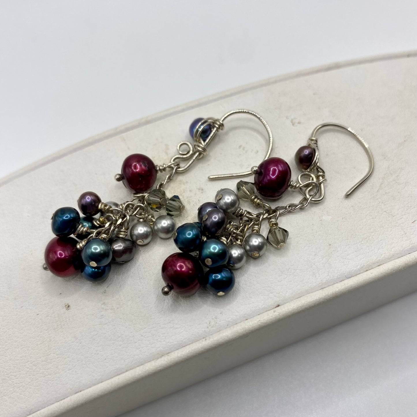 Cranberry, Blue & Gray Pearl Cluster Earrings by Hip Chick Glass, Sterling Silver Earrings, Handmade Gemstone Jewelry, June Birthstone Gift