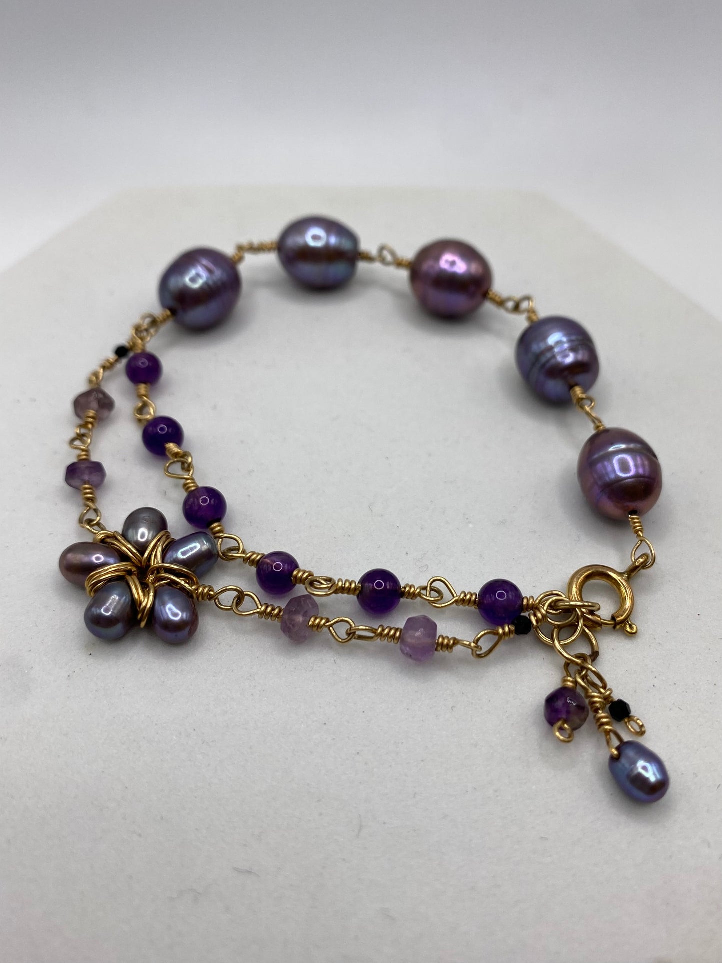 Gold Pearl & Amethyst Bracelet by Hip Chick Glass, Handmade Gold Fill Wire Wrap Jewelry, Handmade Gemstone Bracelet, June & February Birthstone Gift