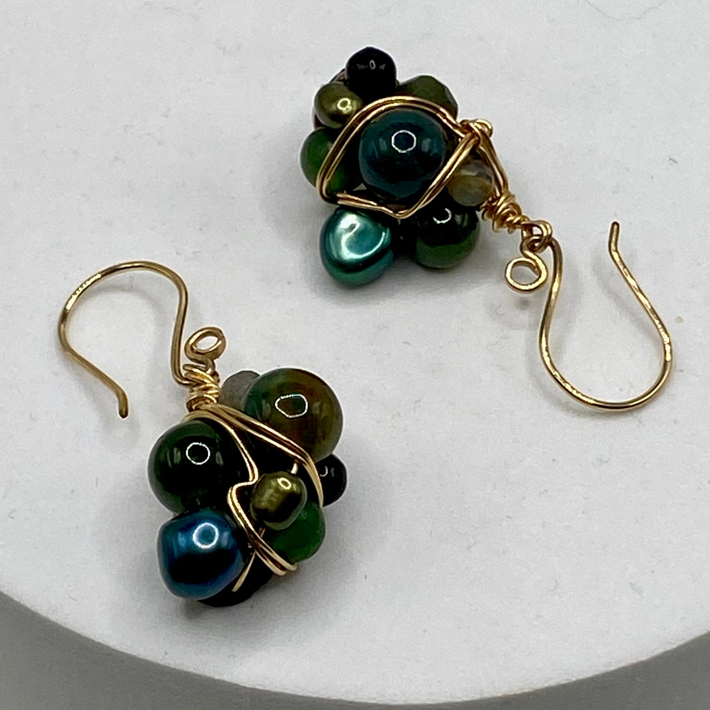 OOAK Green Wire Wrap Cluster Earrings by Hip Chick Glass, 14 Karat Gold Fill Earrings, Handmade Gemstone Jewelry, Birthstone Gift