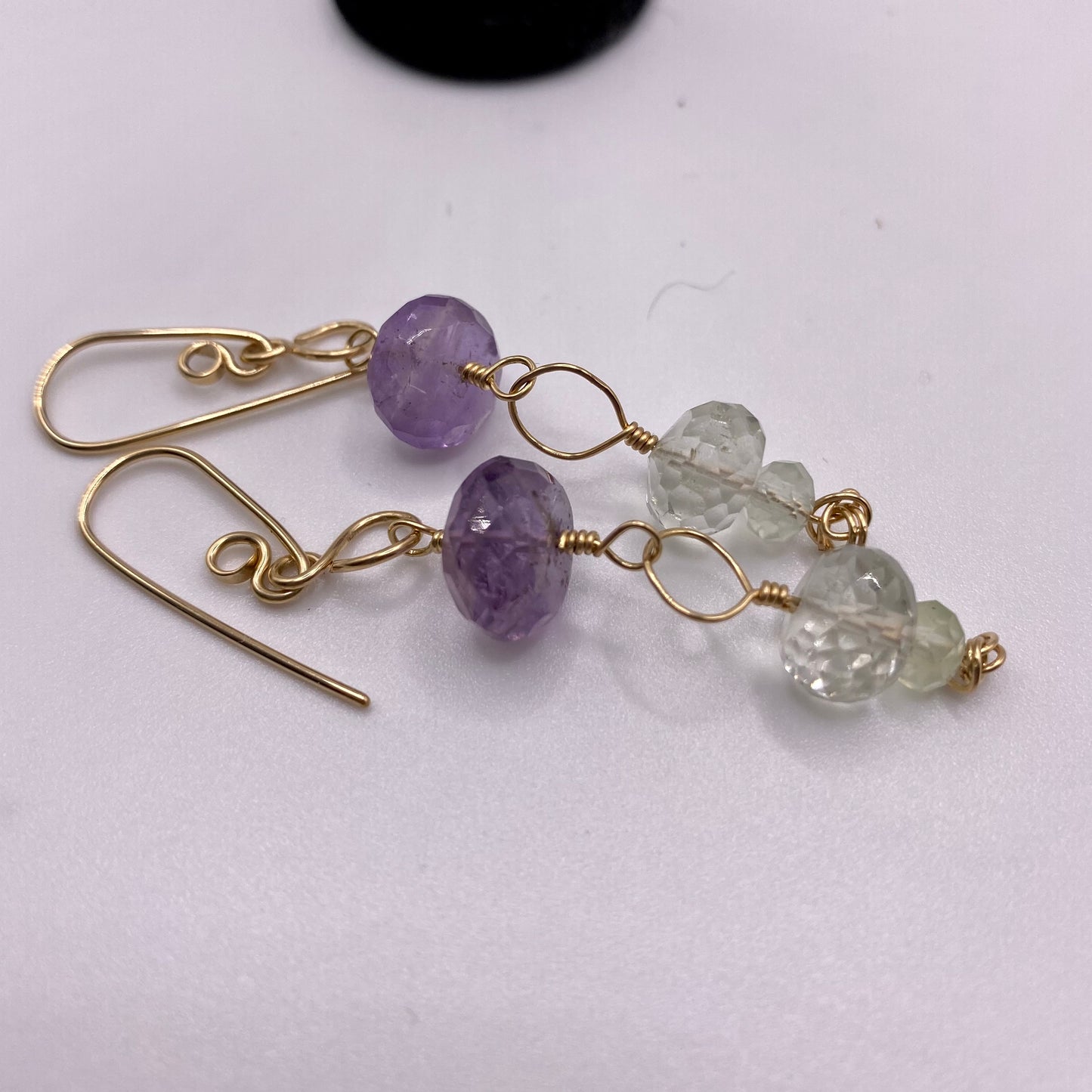 Green & Purple Amethyst Dangle Earrings by Hip Chick Glass, 14 Karat Gold Fill Earrings, Handmade Gemstone Jewelry, February Birthstone Gift