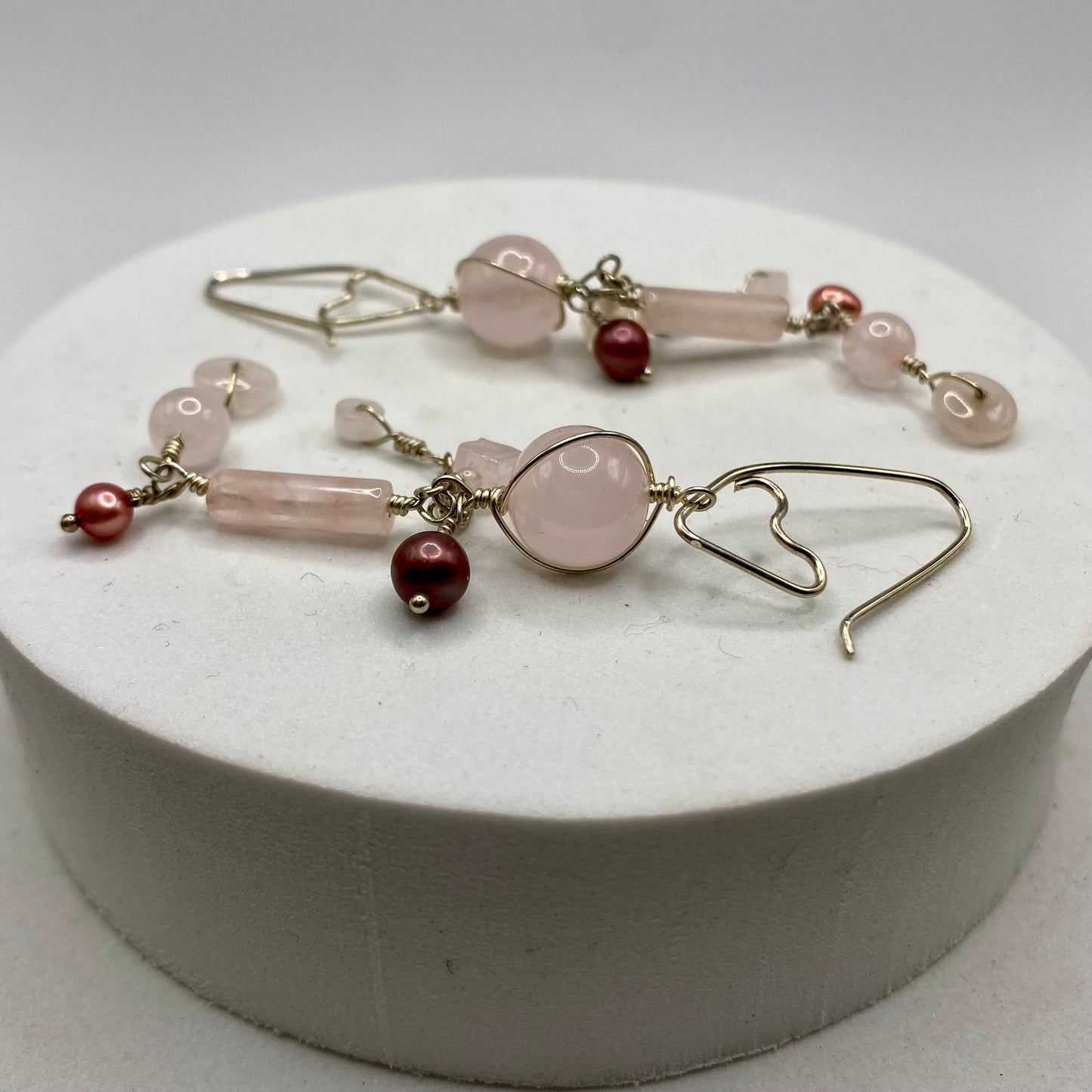 Long Rose Quartz Earrings with Freshwater Pearls by Hip Chick Glass, Rose Quartz Earrings, Handmade Silver Gemstone Jewelry, Handmade Jewelry Gift, June Birthstone Earrings