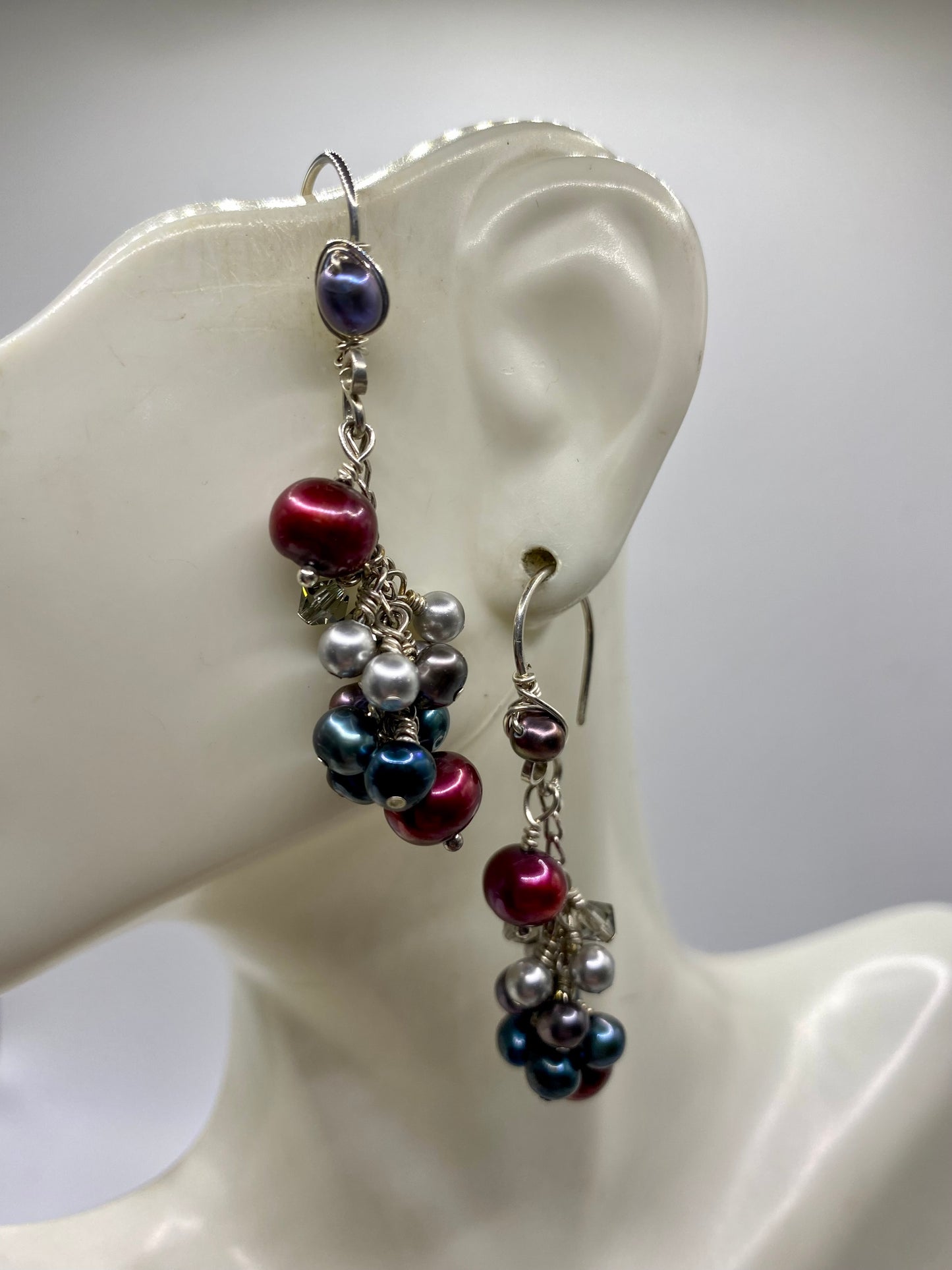 Cranberry, Blue & Gray Pearl Cluster Earrings by Hip Chick Glass, Sterling Silver Earrings, Handmade Gemstone Jewelry, June Birthstone Gift