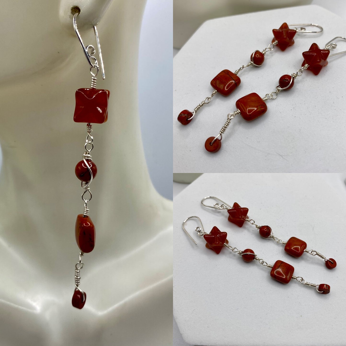 Carnelian & Red Jasper Long Dangle Earrings by Hip Chick Glass, Sterling Silver Earrings, Handmade Gemstone Jewelry, Orange Gemstone Gift