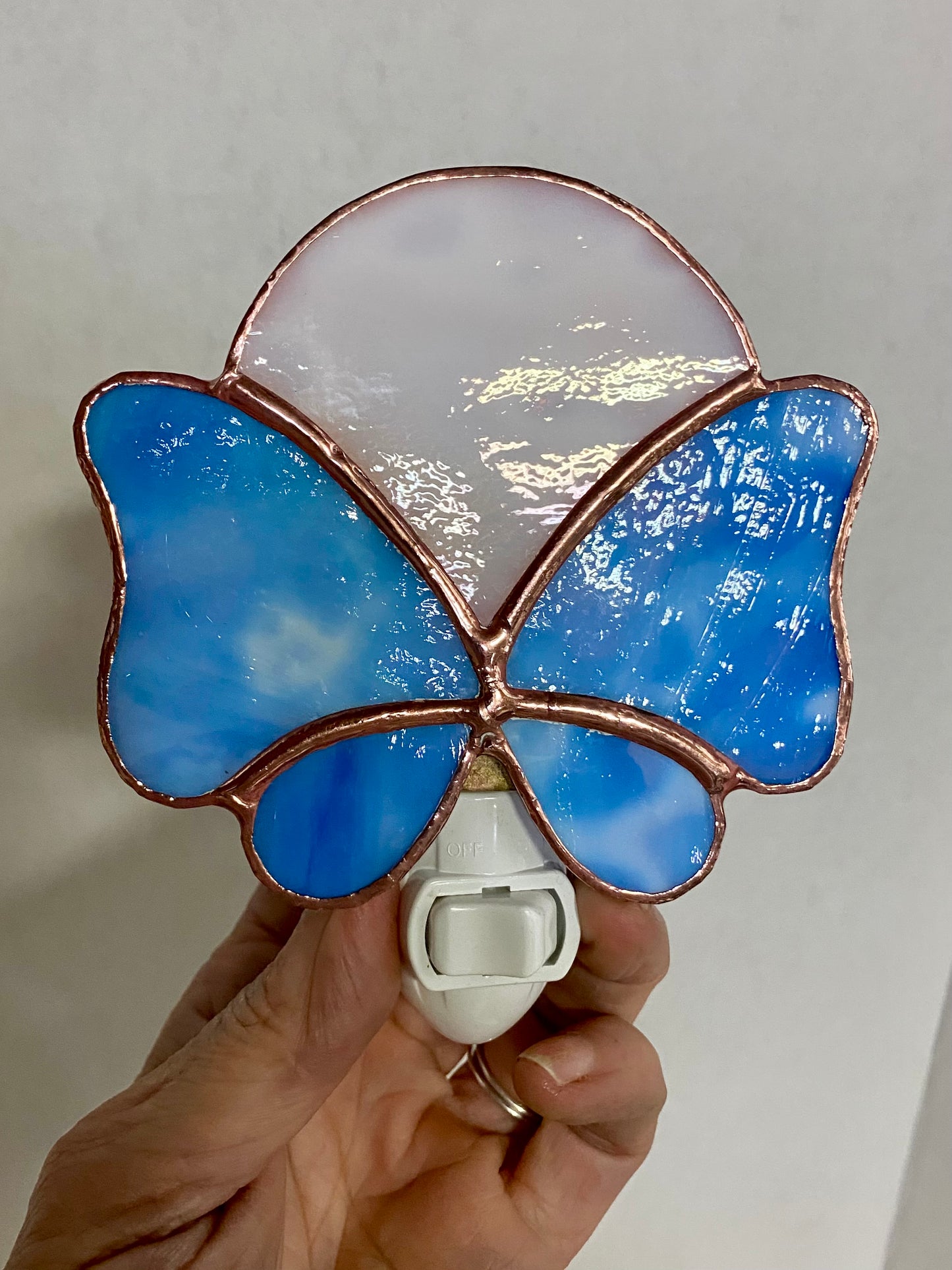 Blue Butterfly Nightlight Under a White Moon| Butterfly Nightlight | Stained Glass Nightlight | Handmade Nightlight | Hip Chick Glass, LLC