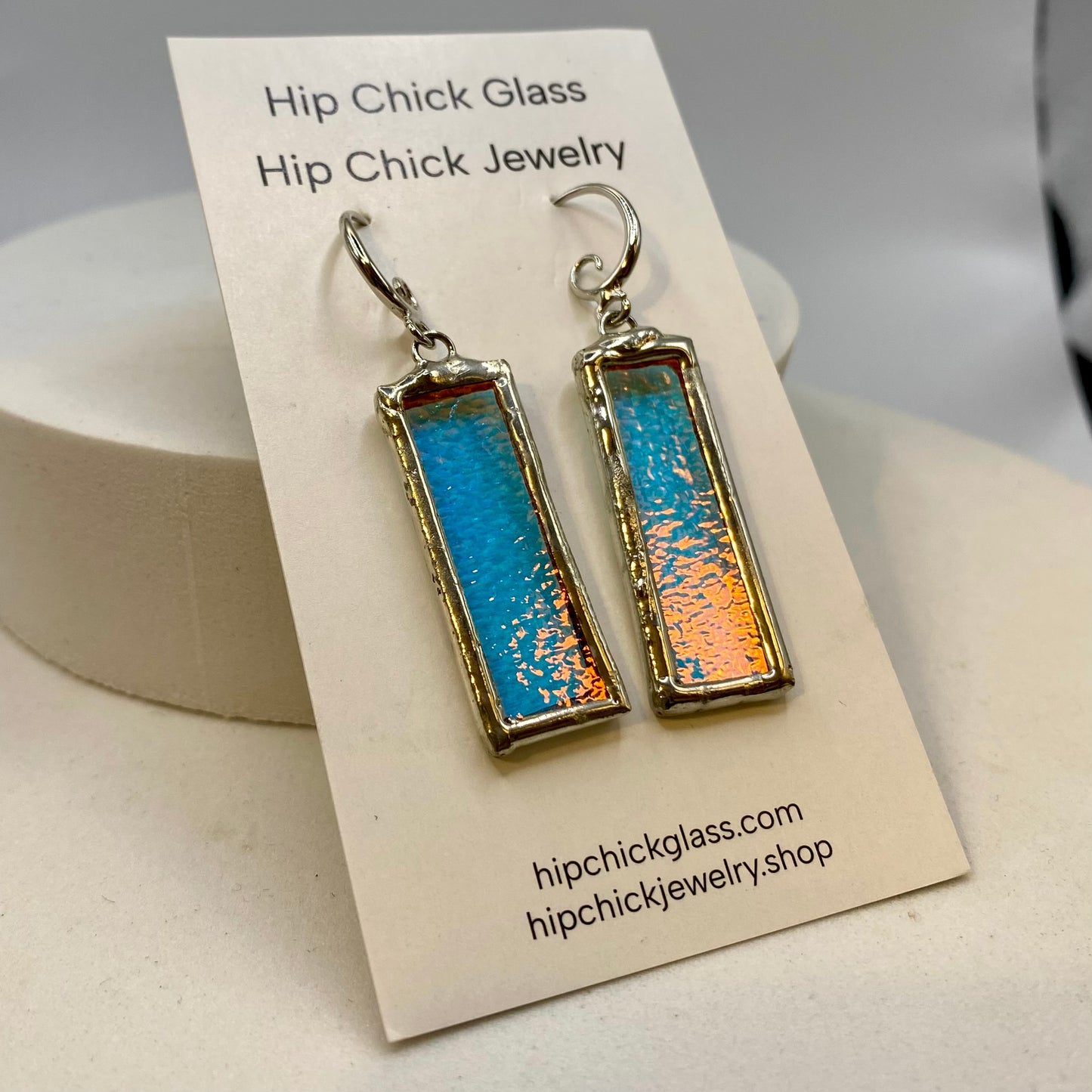 Turquoise Blue Rectangle Earrings | Stained Glass Earrings by Hip Chick Glass, Iridescent Statement Earrings, Geometric Earrings