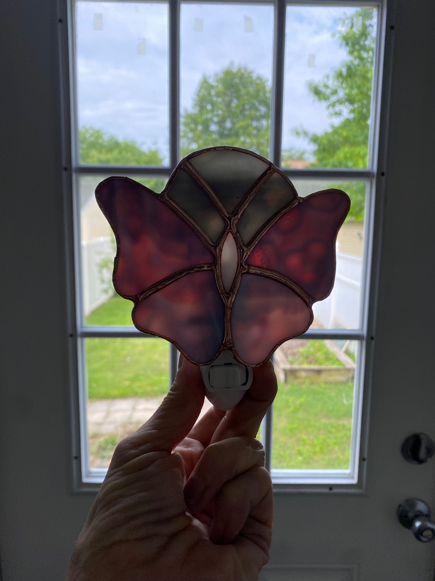 Pink Butterfly Nightlight under a grey moon | Gretchen Shutt | Hip Chick Glass, LLC