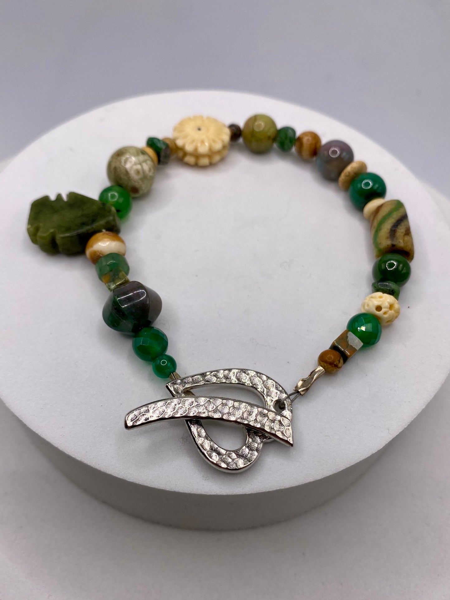 Valentines Day Bracelet with Heart Clasp & Mixed Green Gemstones by Hip Chick Glass, Handmade Bracelet, Handmade Gemstone Bracelet, Birthstone Gift