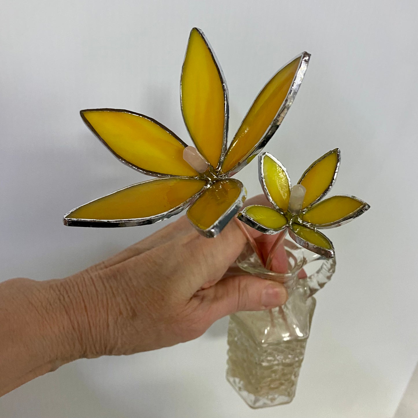 Yellow Glass Flower Plant Stakes by Hip Chick Glass | Stained Glass Flower Bouquet, Glass Flowers with Quartz Crystals on a Stem, Handmade Home Decor, Wedding Bouquet Keepsake, Tabletop Decor