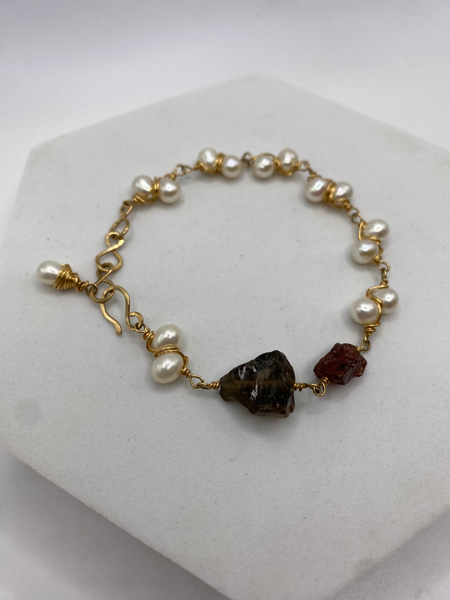 Gold Pearl, Raw Smoky Quartz & Raw Garnet Bracelet by Hip Chick Glass, Handmade Gold Fill Wire Wrap Jewelry, Handmade Gemstone Bracelet, June & January Birthstone Gift