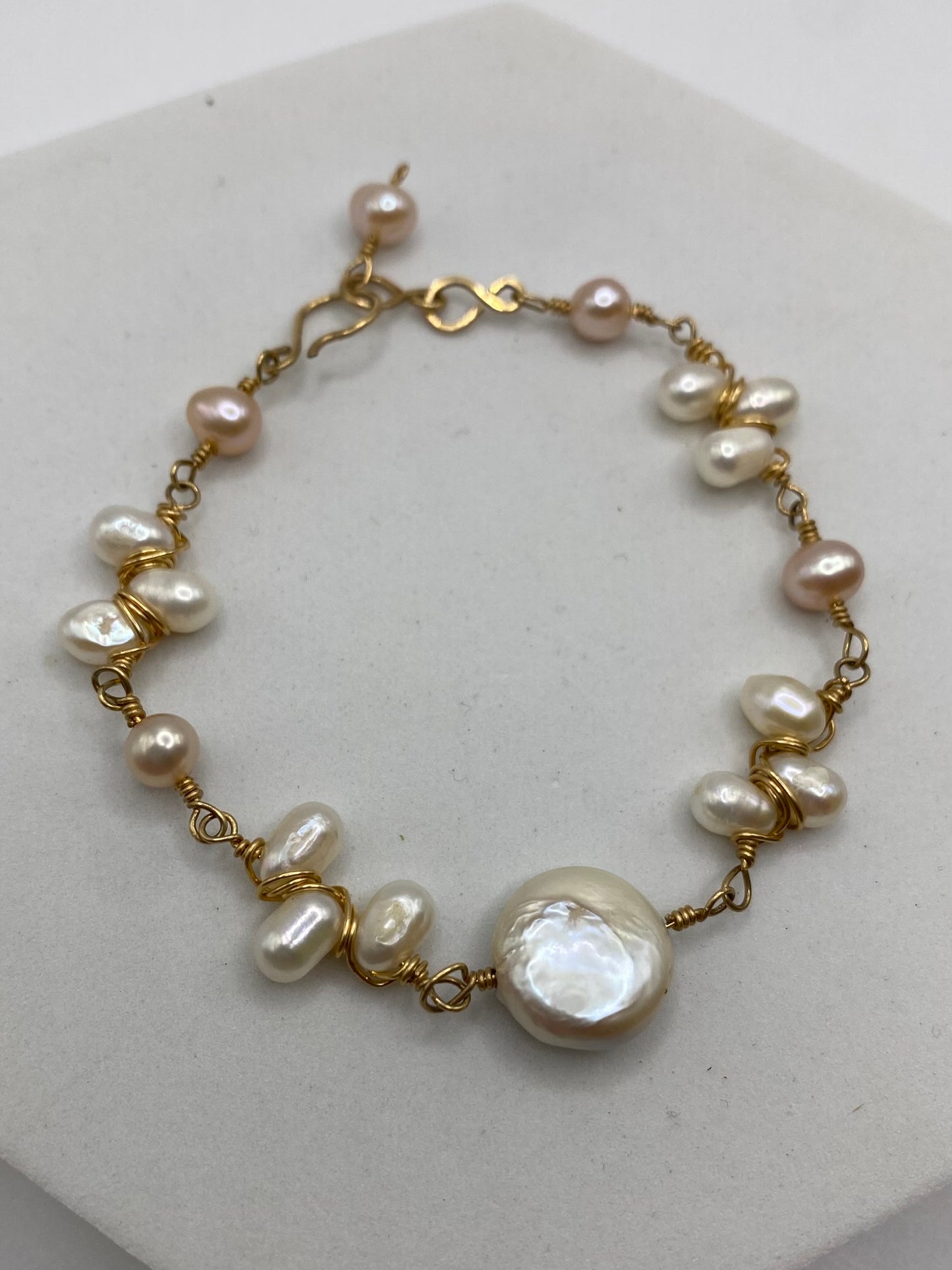 Gold Coin Pearl Bracelet by Hip Chick Glass, Handmade Gold Fill Wire Wrap Jewelry, Handmade Gemstone Bracelet, June Birthstone Gift