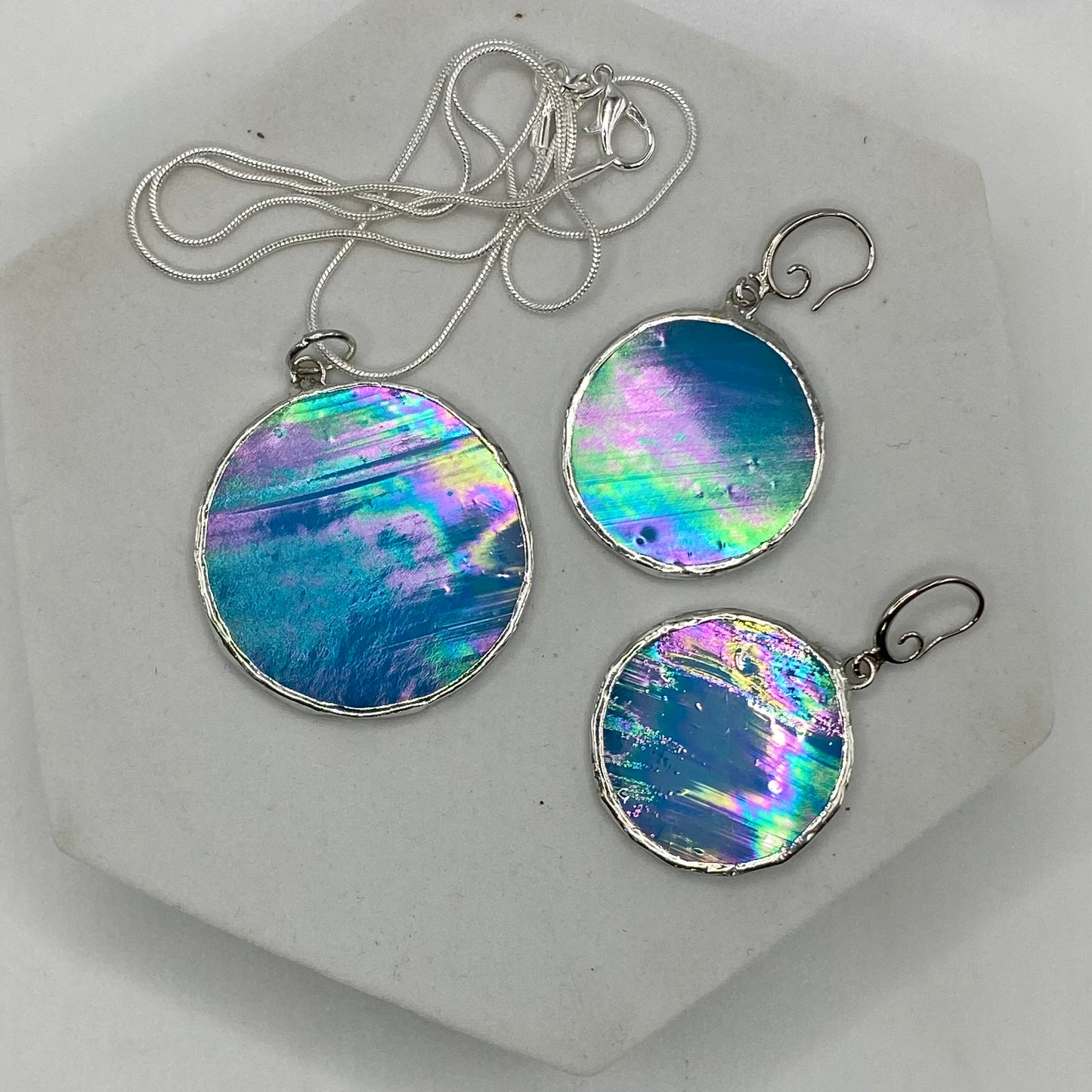 Light Blue Circle Stained Glass Jewelry Set by Hip Chick Glass, Stained Glass Necklace Stained Glass Earrings