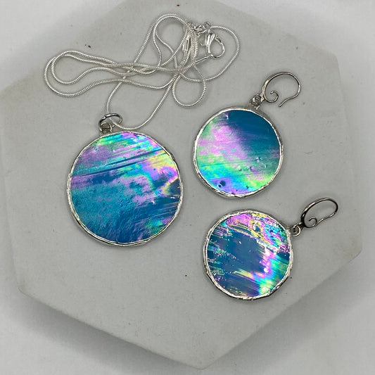 Light Blue Circle Stained Glass Jewelry Set by Hip Chick Glass, Stained Glass Necklace Stained Glass Earrings
