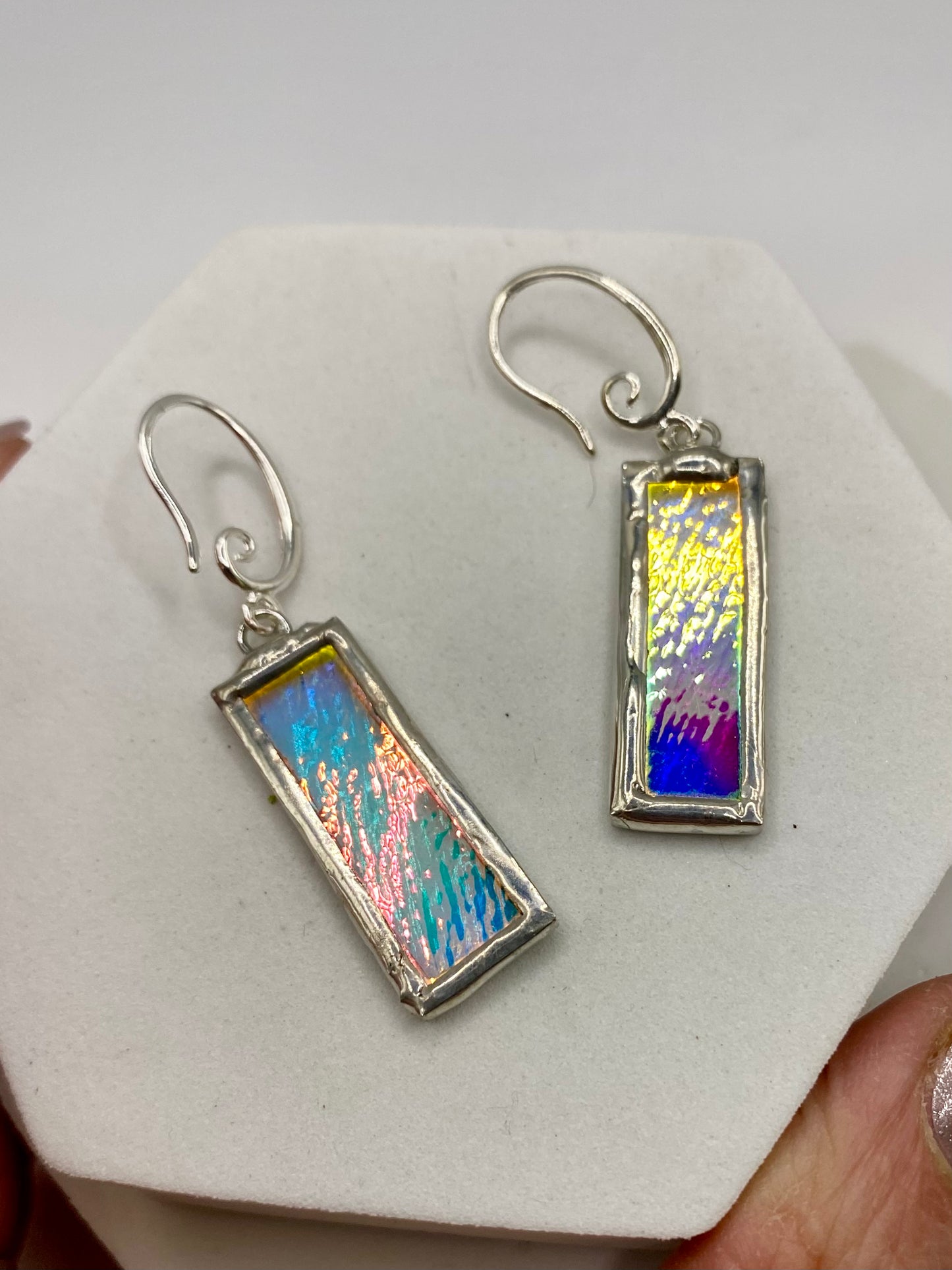 Stained Glass Earrings made with Lead-Free Solder by Hip Chick Glass, Iridescent Glass Earrings