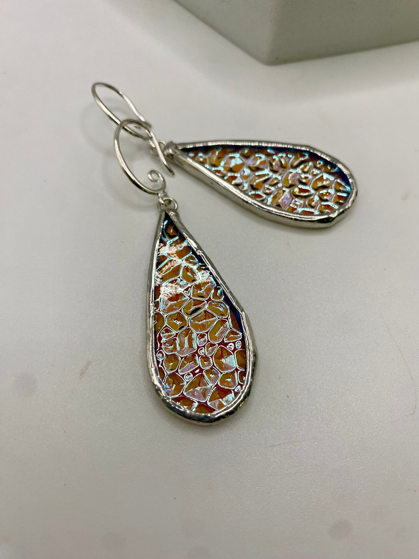 Crinkle Teardrop Stained Glass Earrings made with Lead-Free Solder by Hip Chick Glass, Iridescent Glass Earrings