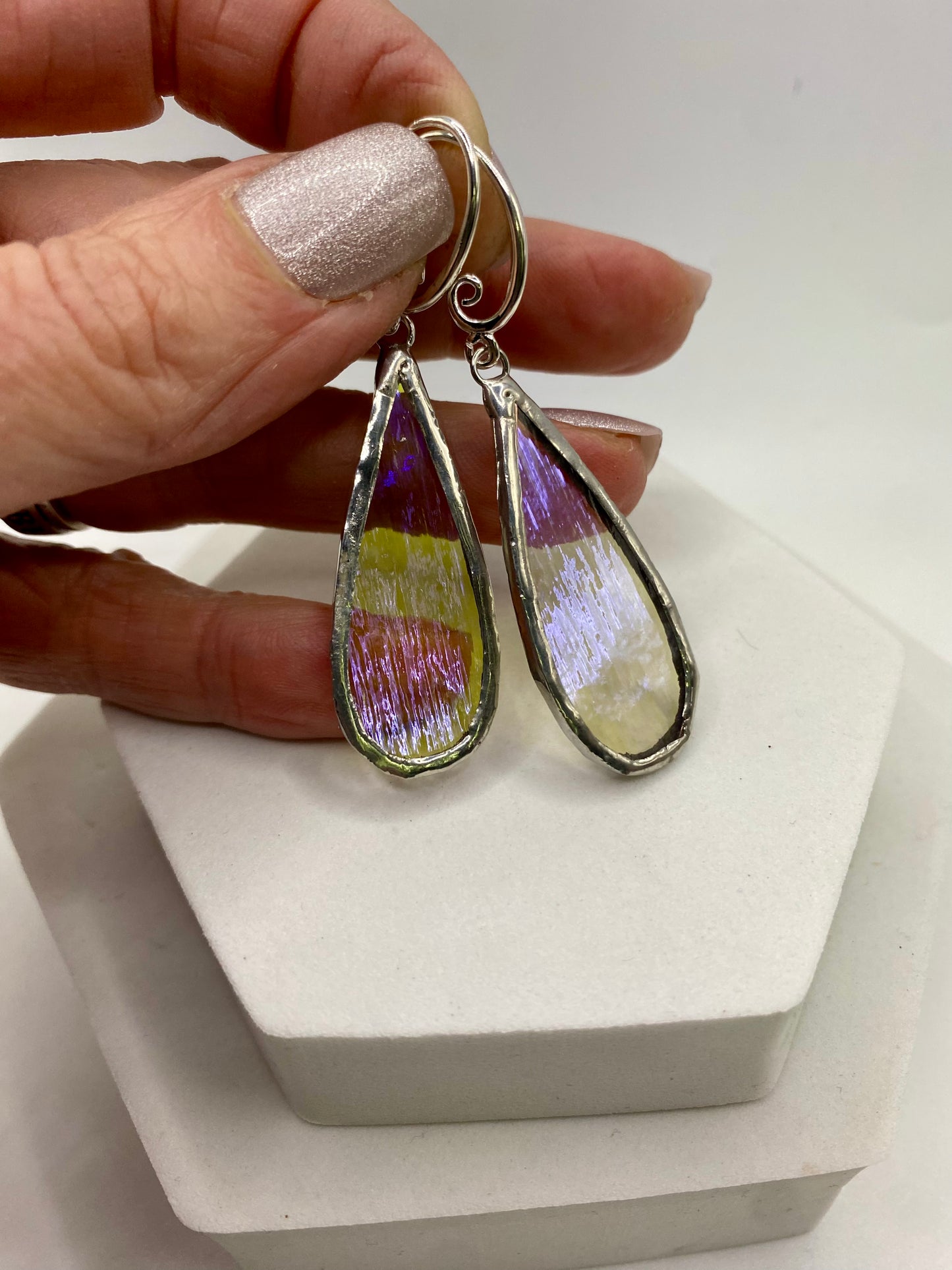 Teardrop Earrings, Stained Glass Earrings made with Lead-Free Solder by Hip Chick Glass, Iridescent Glass Earrings