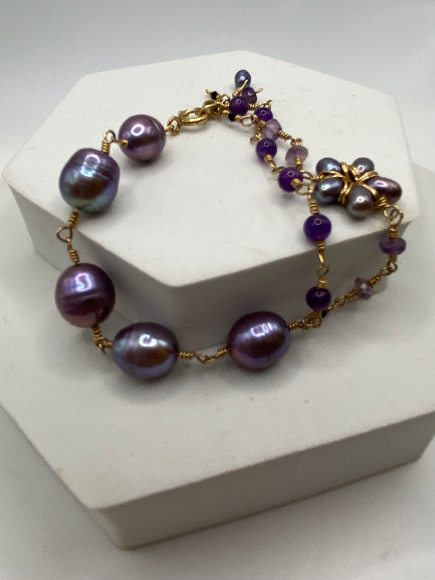 Amethyst Flower Bracelet in Gold by Hip Chick Jewelry, June Birthstone Jewelry, Pearl Bracelet, Purple Pearl Bracelet