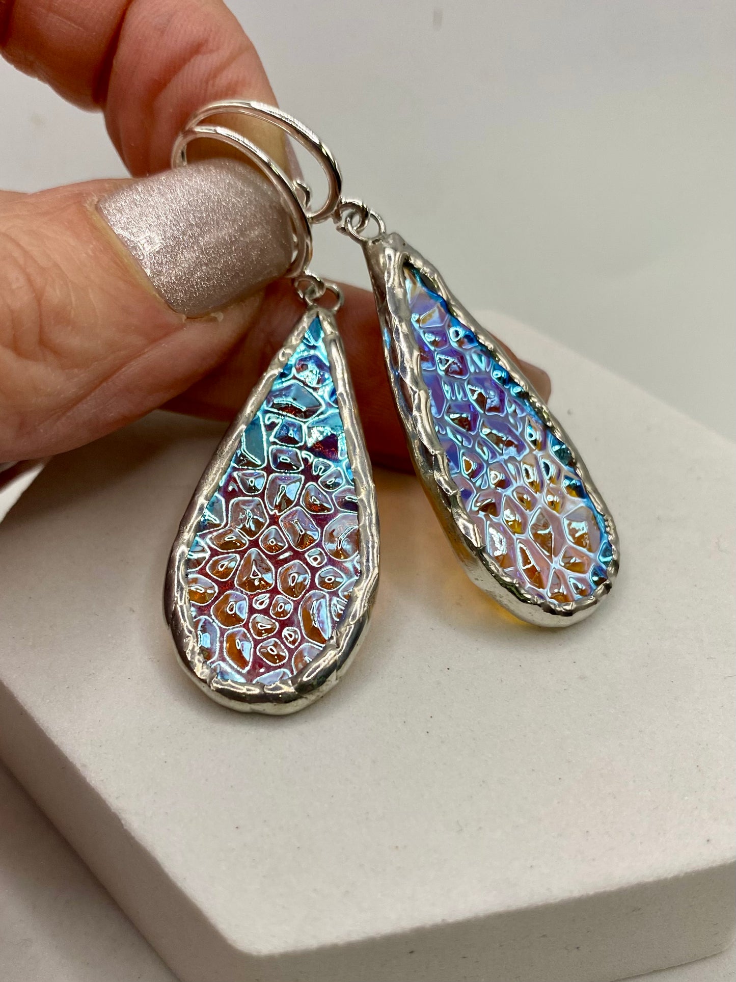 Crinkle Teardrop Earrings, Stained Glass Earrings made with Lead-Free Solder by Hip Chick Glass, Iridescent Glass Earrings