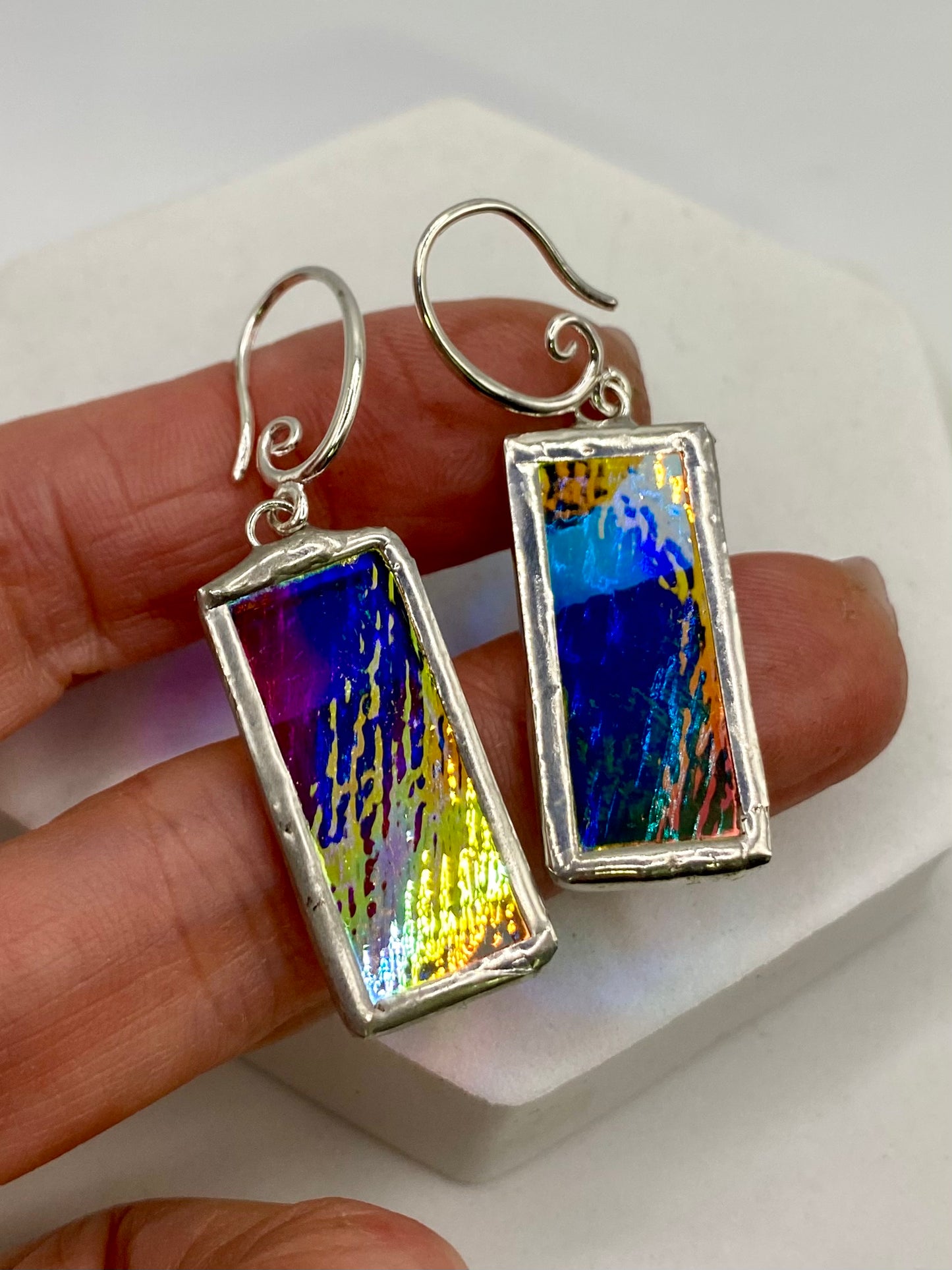 Brilliant Rectangular Earrings, Stained Glass Earrings made with Lead-Free Solder by Hip Chick Glass, Iridescent Glass Earrings