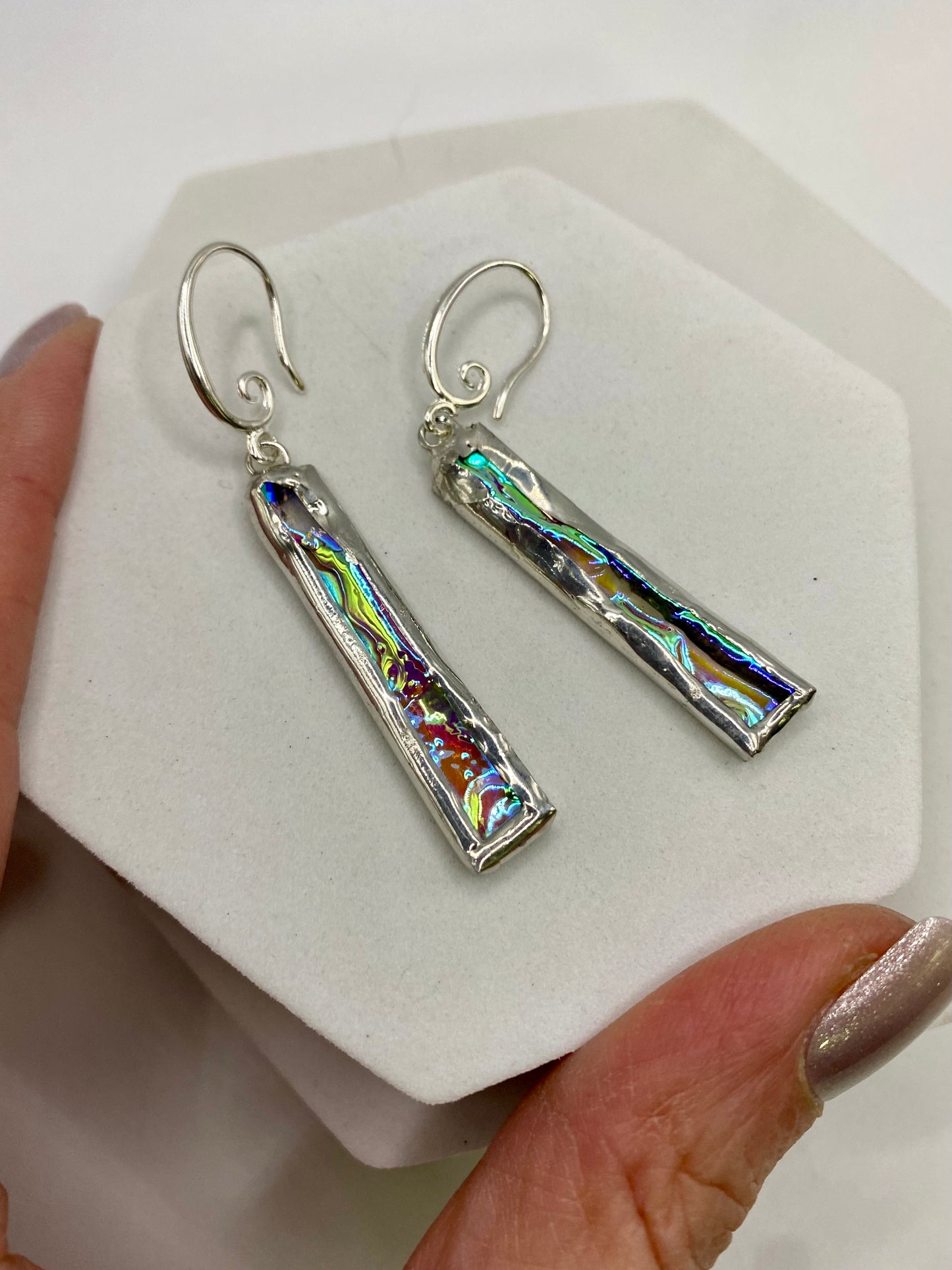 Ripple Stick Earrings, Stained Glass Earrings made with Lead-Free Solder by Hip Chick Glass, Iridescent Glass Earrings