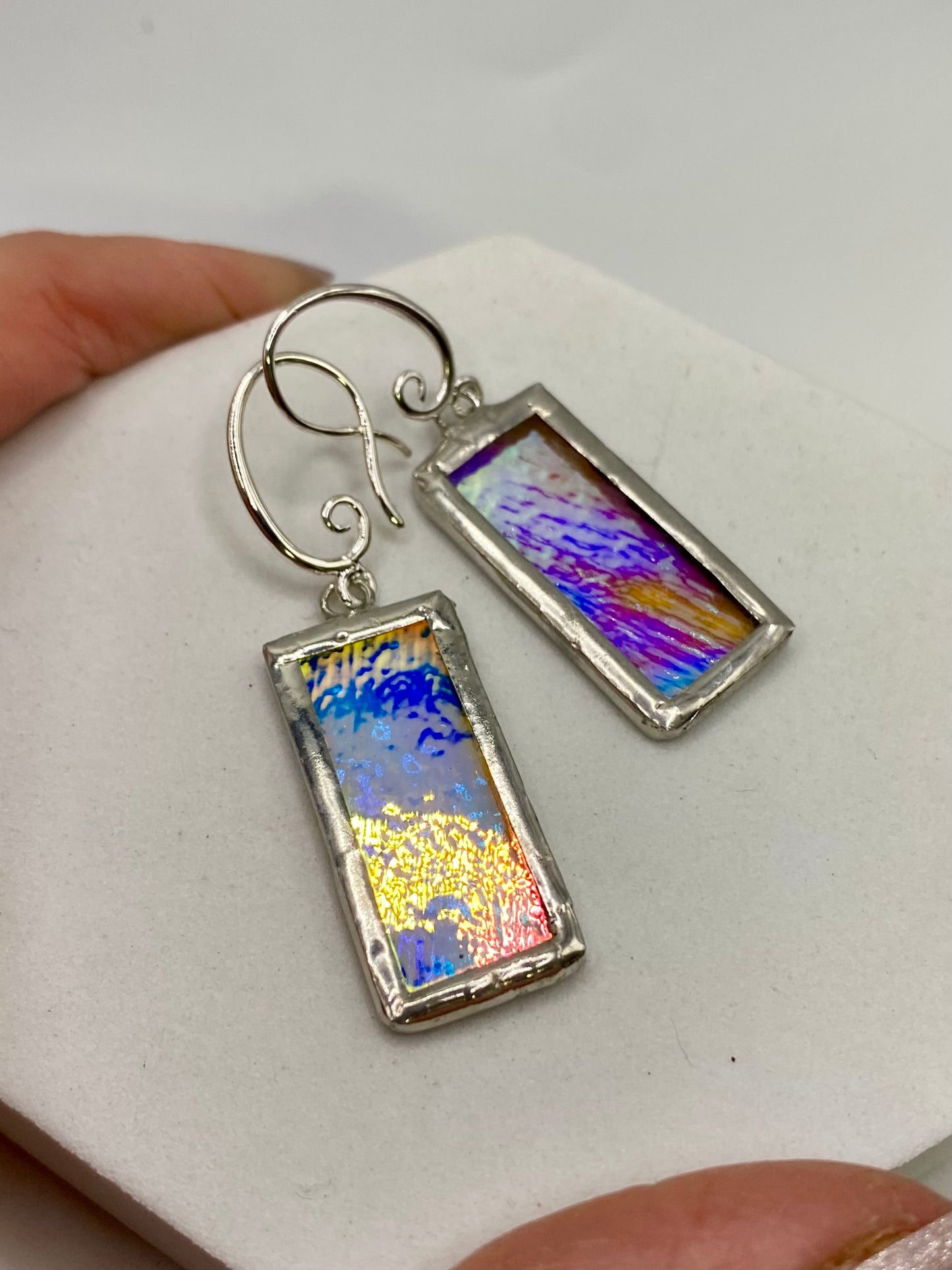 Brilliant Rectangular Earrings, Stained Glass Earrings made with Lead-Free Solder by Hip Chick Glass, Iridescent Glass Earrings