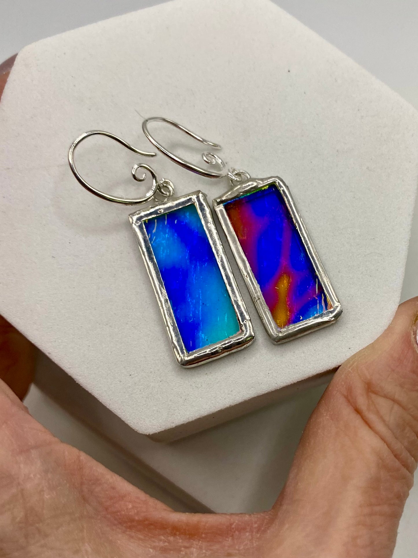 Brilliant Rectangular Earrings, Stained Glass Earrings made with Lead-Free Solder by Hip Chick Glass, Iridescent Glass Earrings