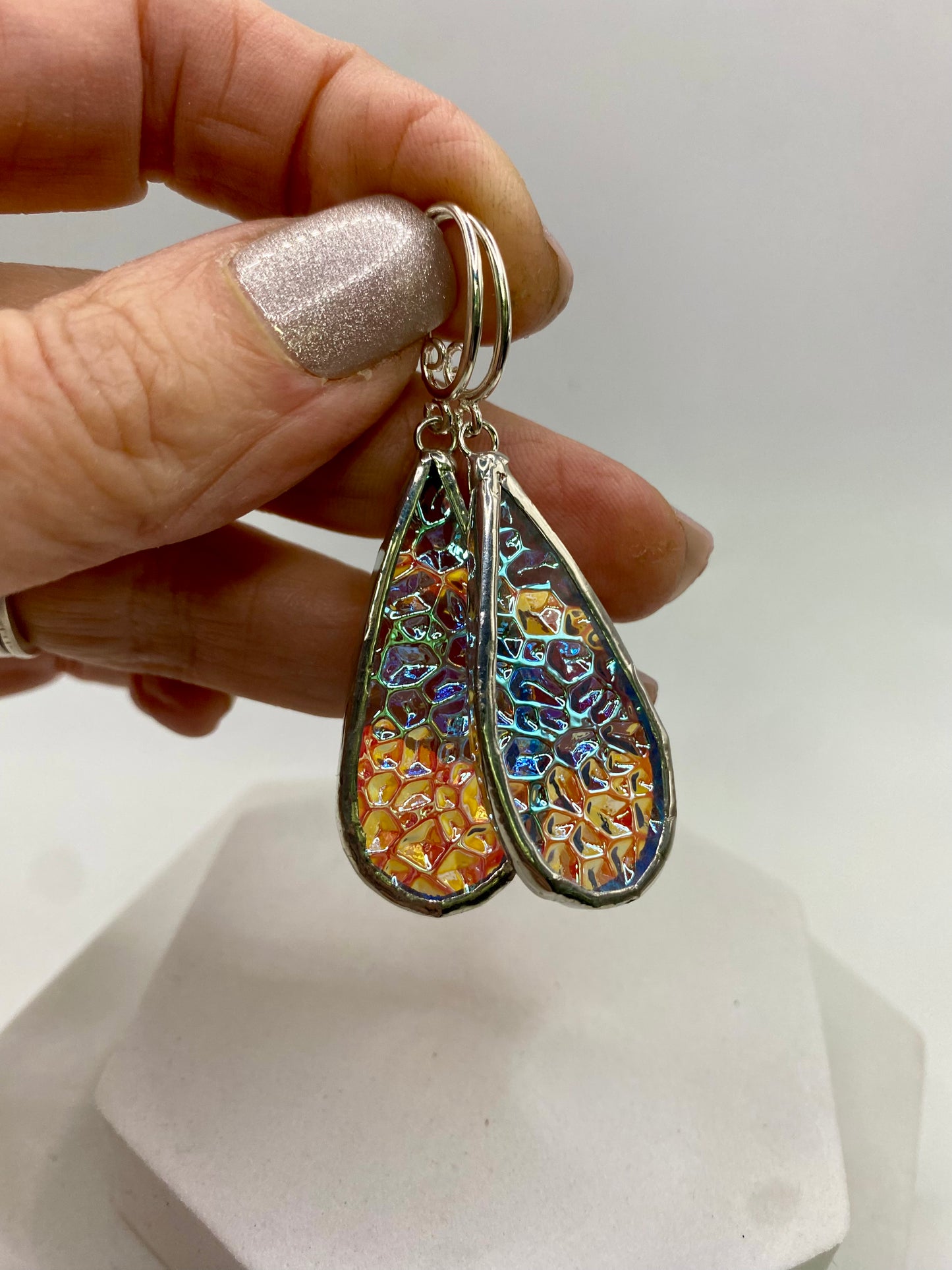 Crinkle Teardrop Stained Glass Earrings made with Lead-Free Solder by Hip Chick Glass, Iridescent Glass Earrings