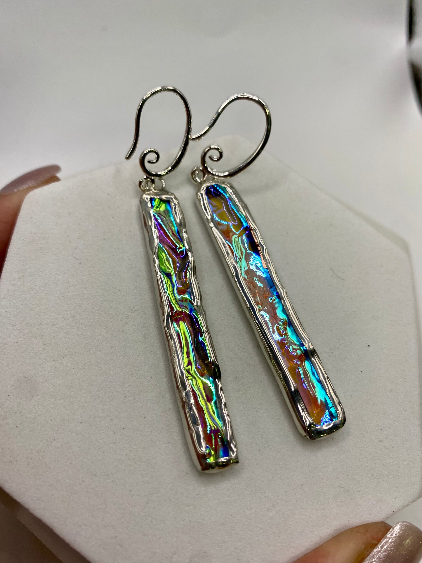 Long Ripple Stick Earrings Stained Glass Earrings made with Lead-Free Solder by Hip Chick Glass, Iridescent Glass Earrings